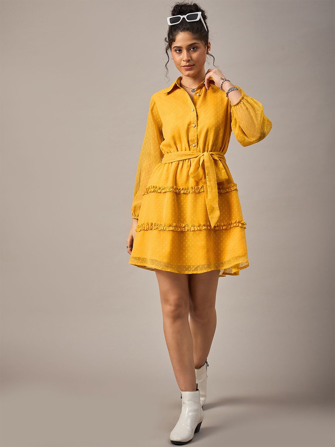 

The Roadster Lifestyle Co Collared Full Sleeves Fit and Flare Dress, Yellow