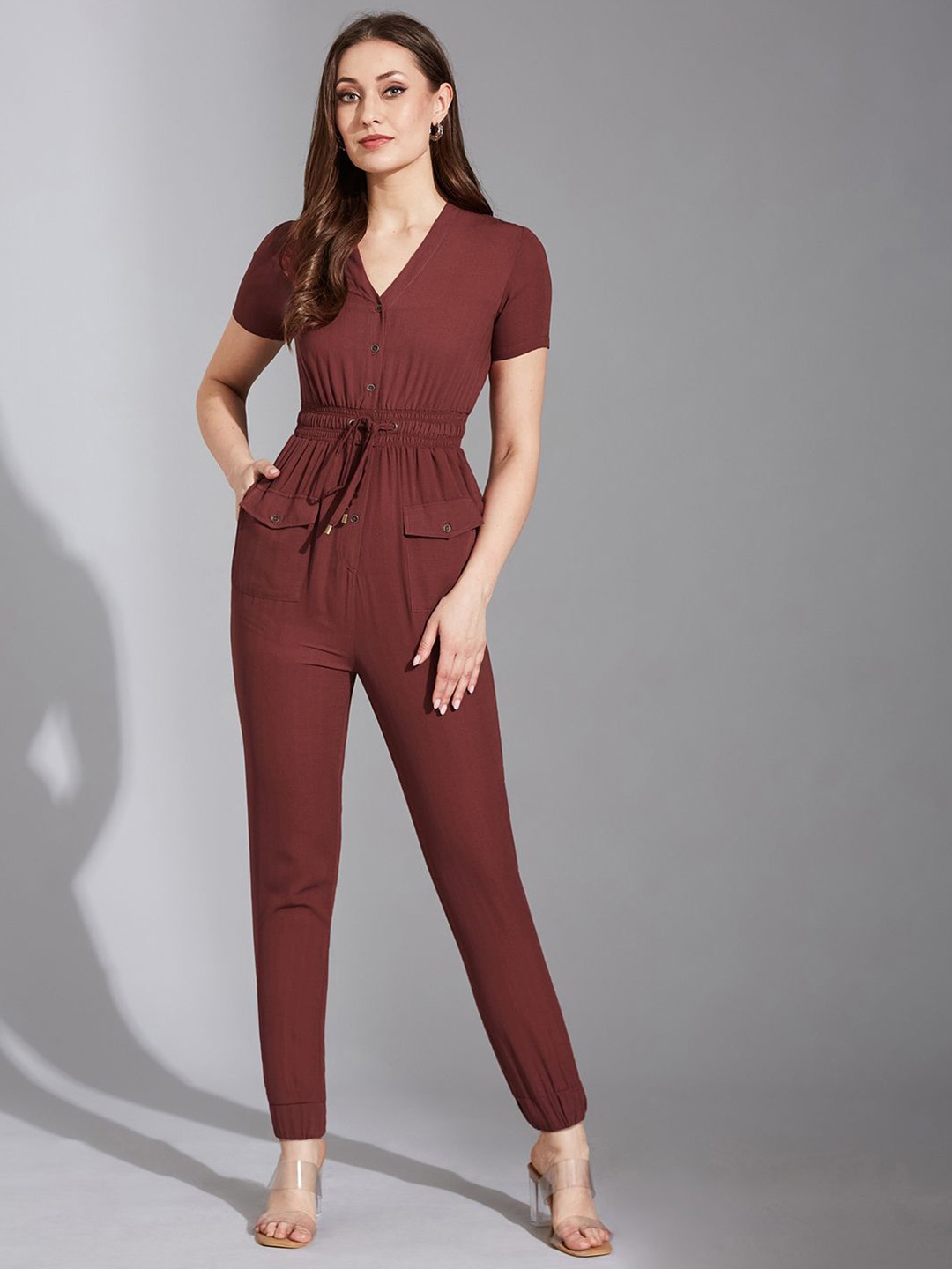 

Life With Pockets Women V-Neck Basic Jumpsuit, Burgundy