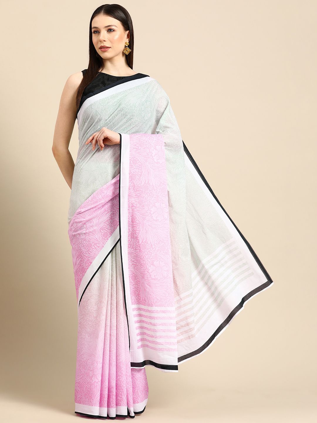 

BUTA BUTI Floral Pure Cotton Saree, Pink