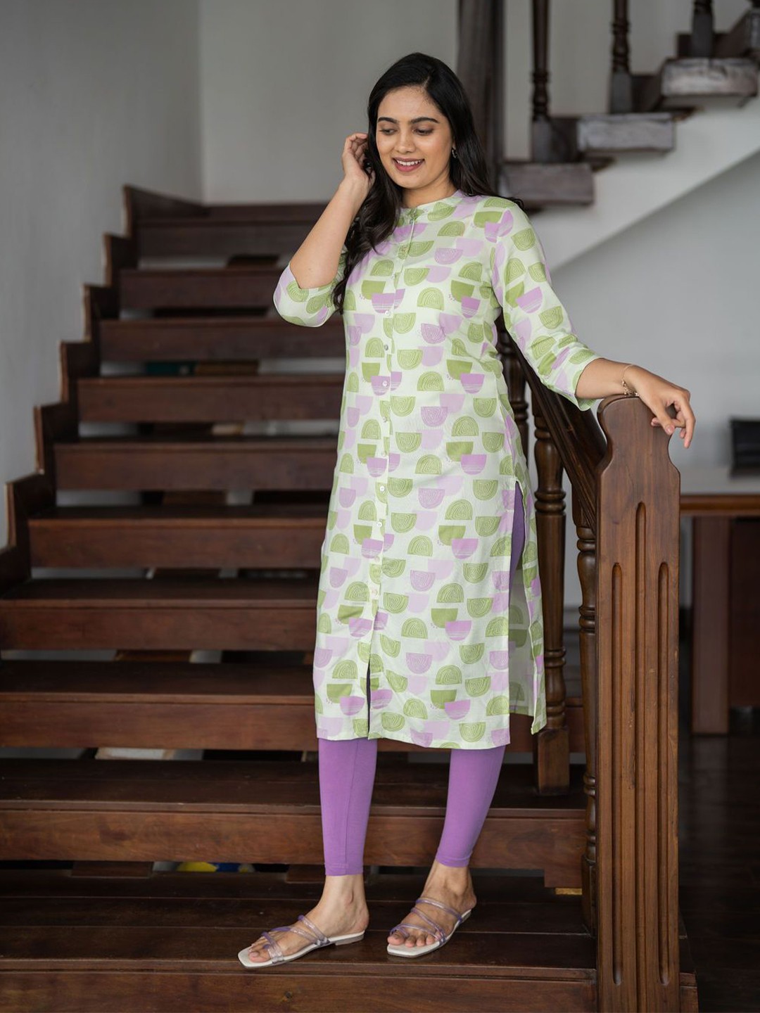 

HAY Geometric Printed Band Collar Straight Liva Kurta, Green