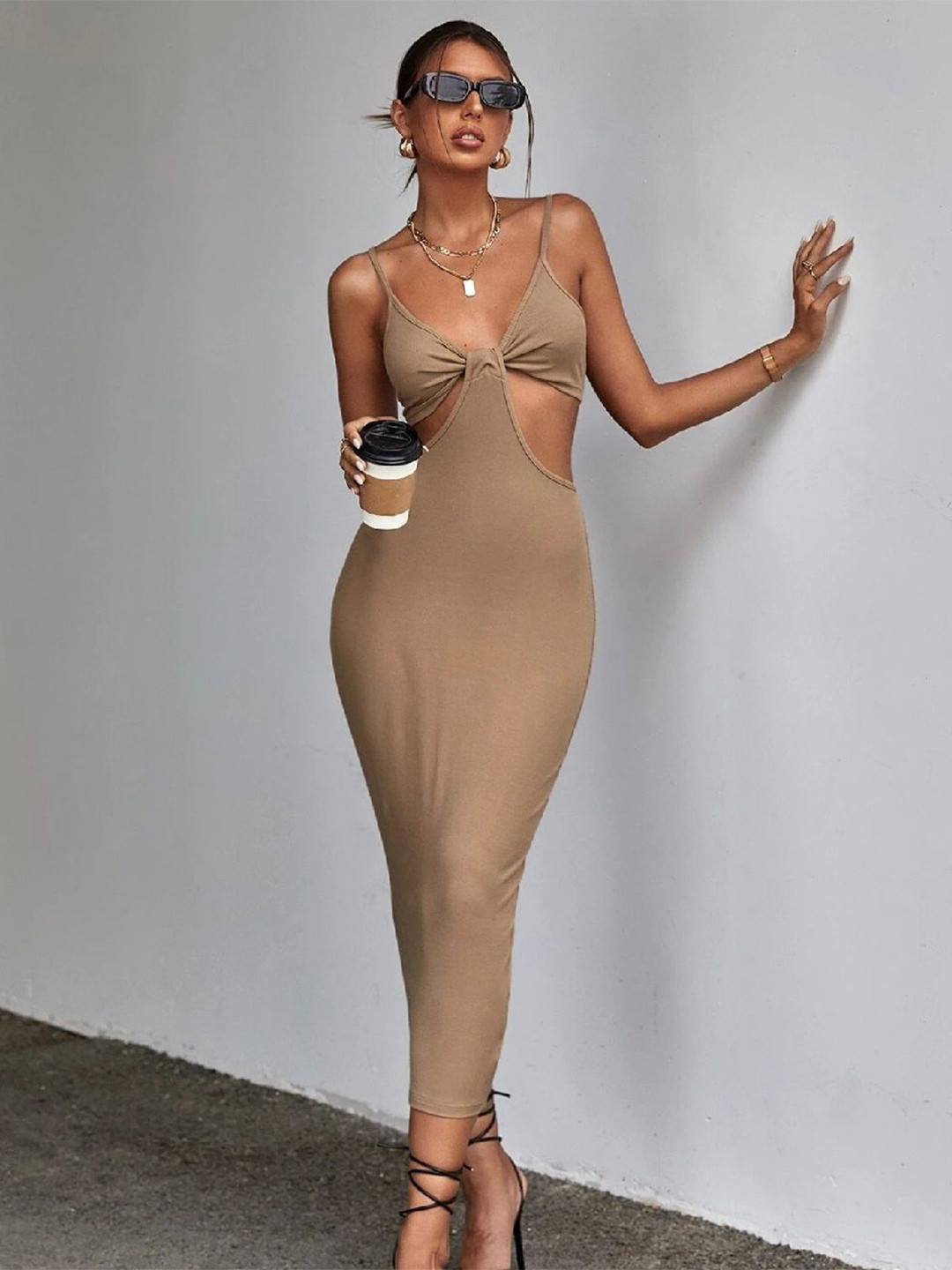 

StyleCast Women Georgette Shoulder Straps Maxi Bodycon Dress, Brown