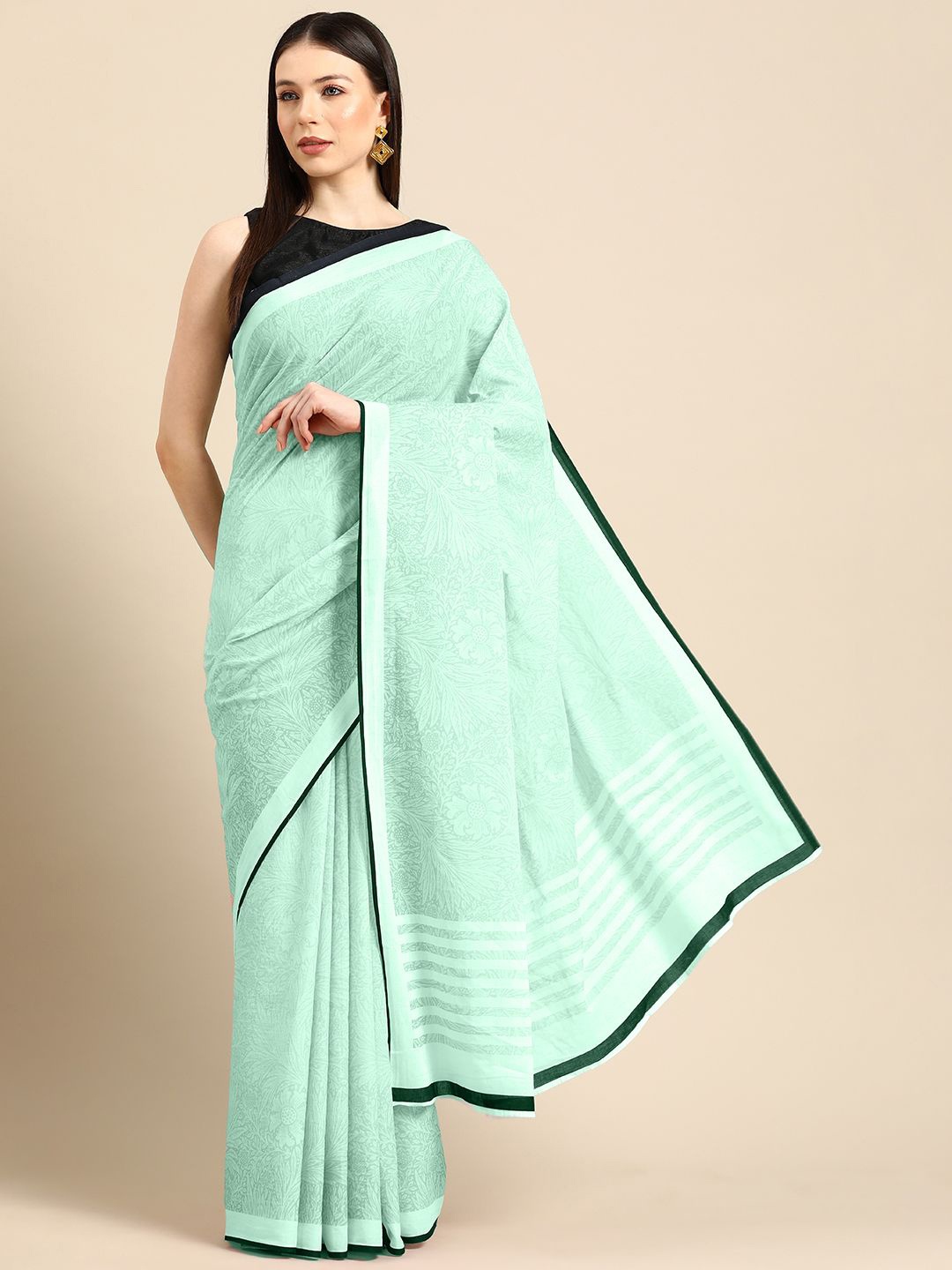 

BUTA BUTI Printed Floral Pure Cotton Saree, Sea green