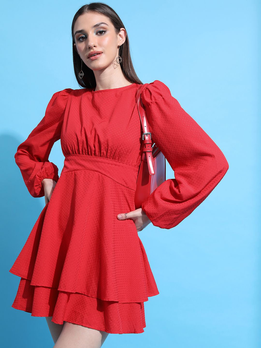 

Tokyo Talkies Women Puff Sleeve Fit & Flare Dress, Red