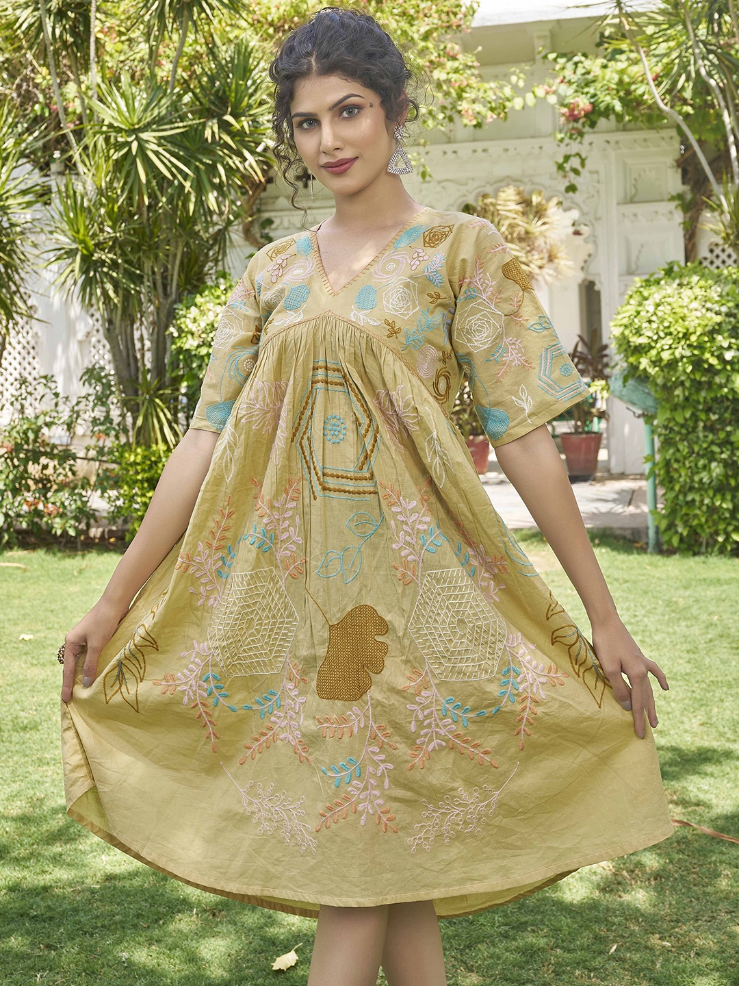 

PEACH PIPER Floral Printed Flared Sleeve Empire Dress, Mustard