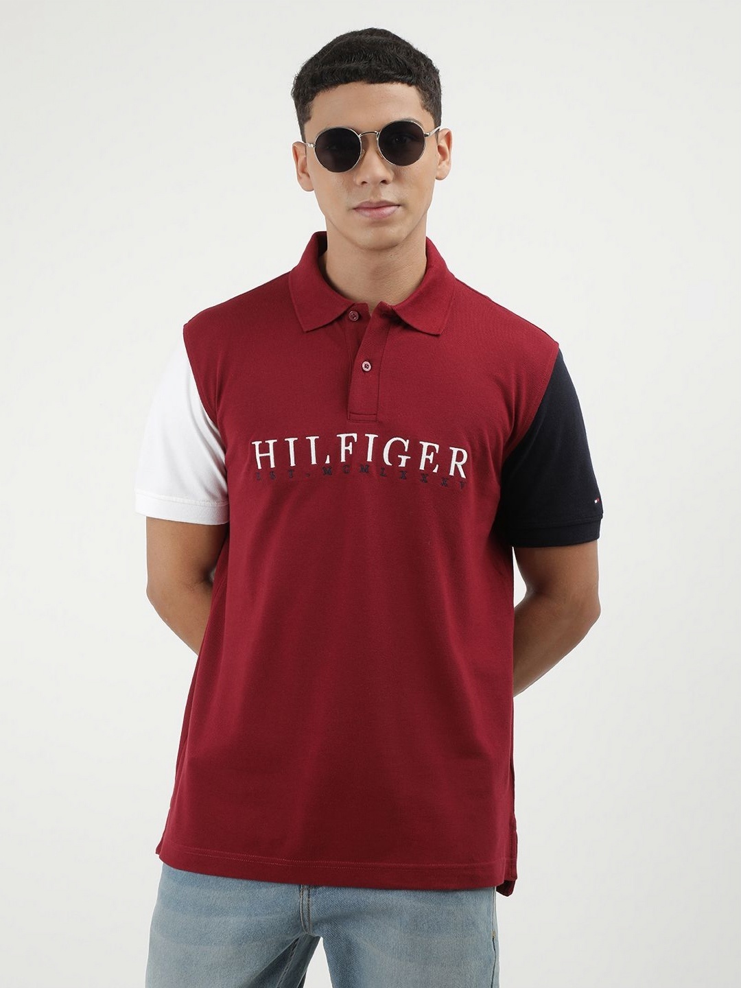 

Tommy Hilfiger Men Typography Printed Nautical Polo Collar Cotton T-shirt, Red