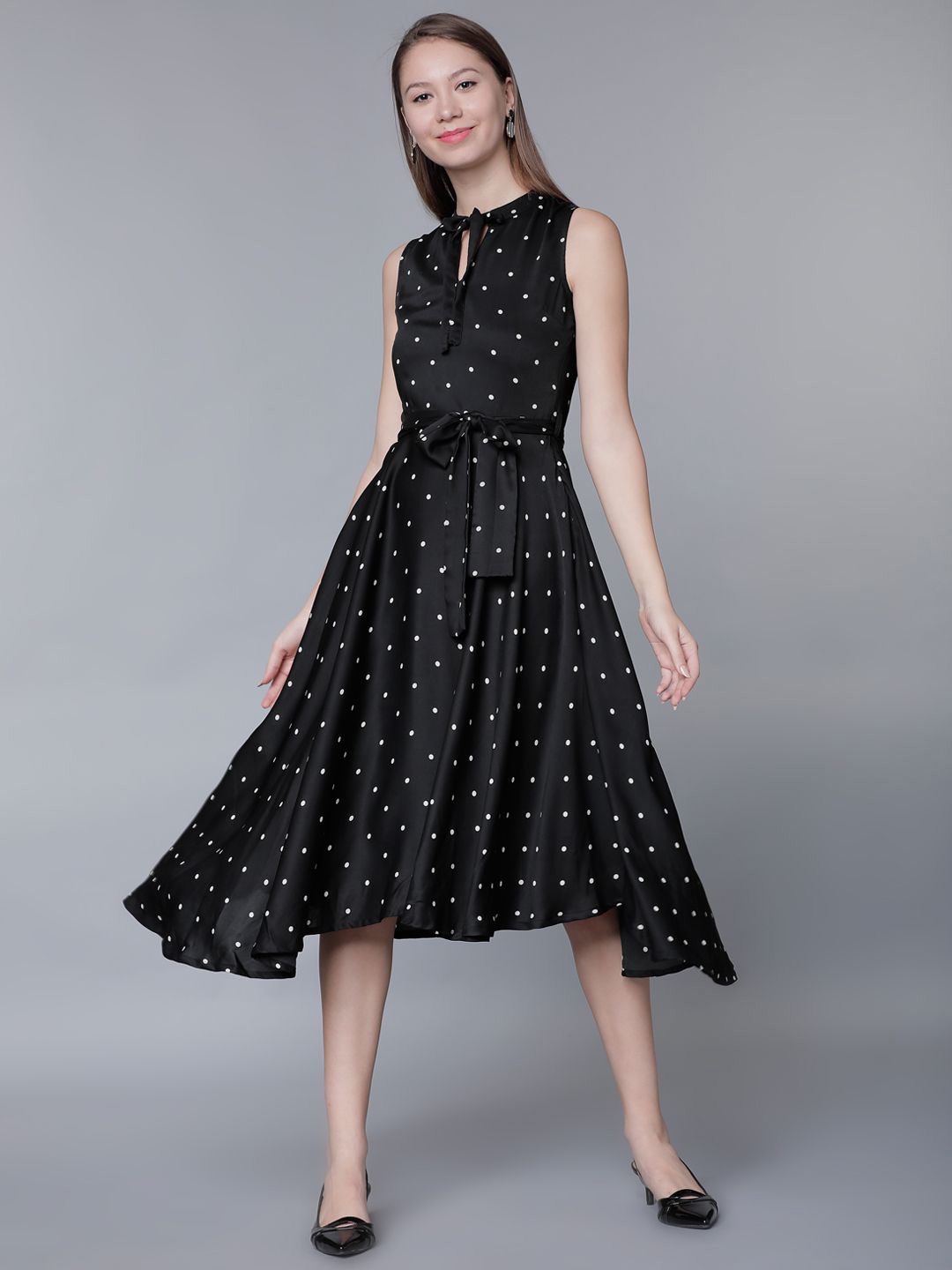 

Tokyo Talkies Polka Dot Print Tie-Up Neck Fit & Flare Midi Dress, Black