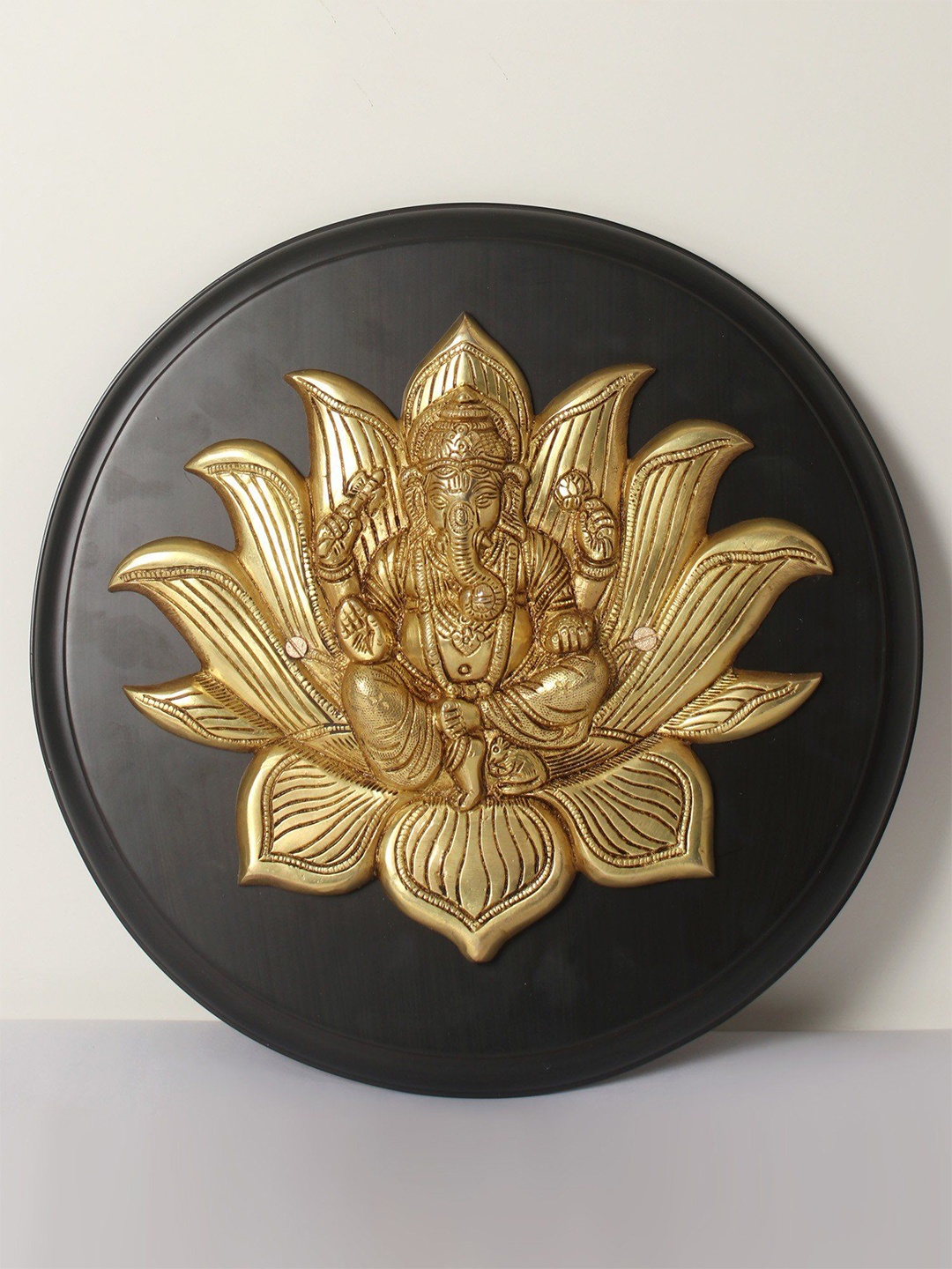 

Exotic India Wooden Framed Brass Lotus Ganesha Wall Hanging, Gold