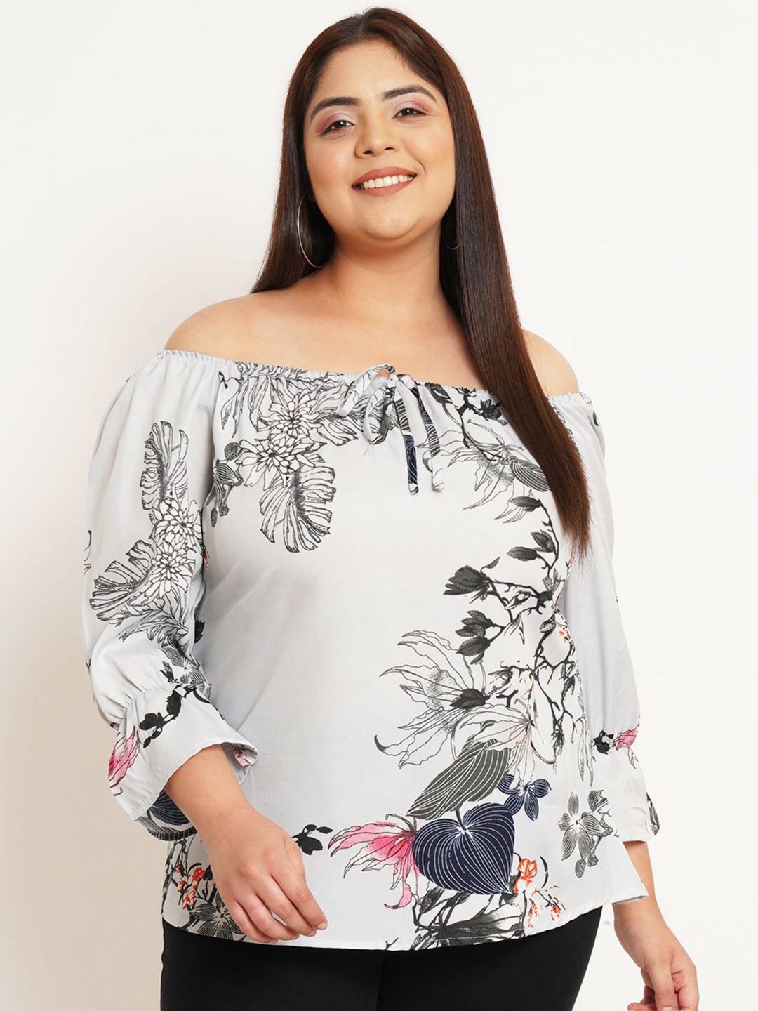 

U&F Beyond Floral Print Off-Shoulder Crepe Bardot Top, Grey