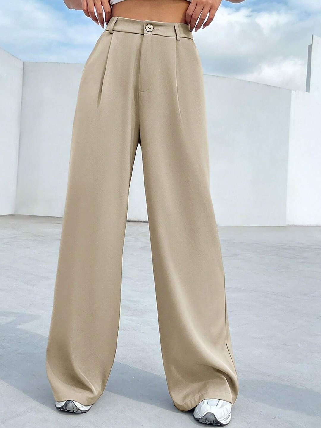 

FNOCKS Women Classic Wide Leg High-Rise Loose Fit Wrinkle Free Trousers, Beige