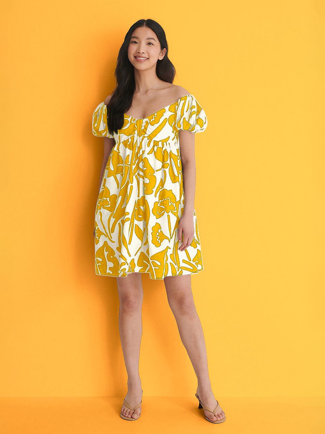

TIRA Printed Crepe Short Sleeve A-Line Dress, Mustard
