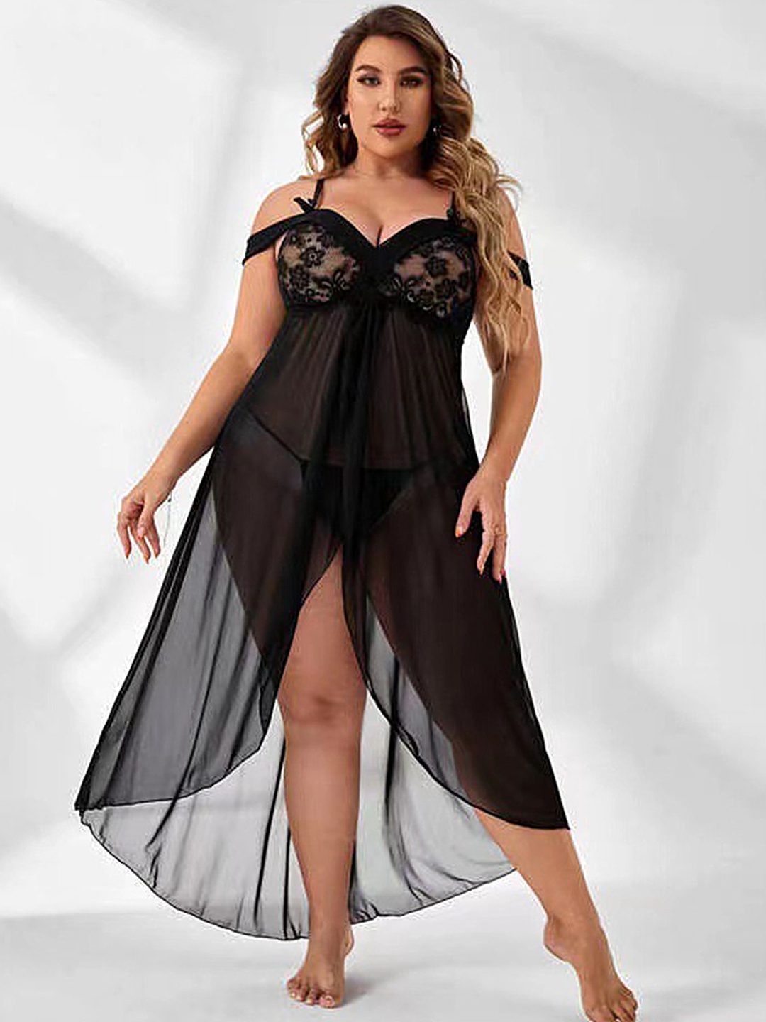 

LULU & SKY Plus Size Net Self-Design Baby Doll, Black