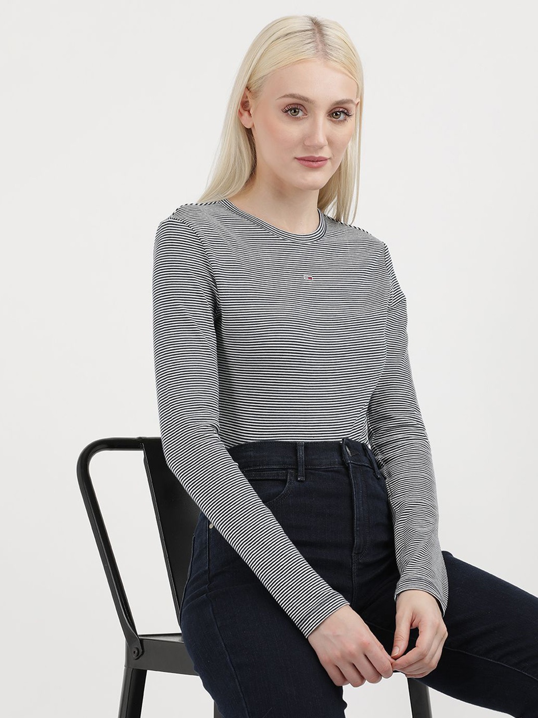 

Tommy Hilfiger Women Striped Round Neck Cotton Slim Fit T-shirt, Grey