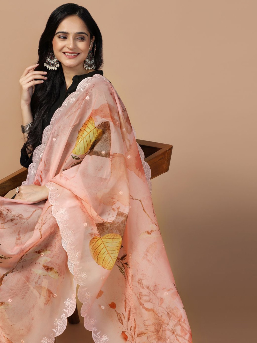 

Kaizen TEXO FAB Sequinned Floral Printed Organza Dupatta, Peach