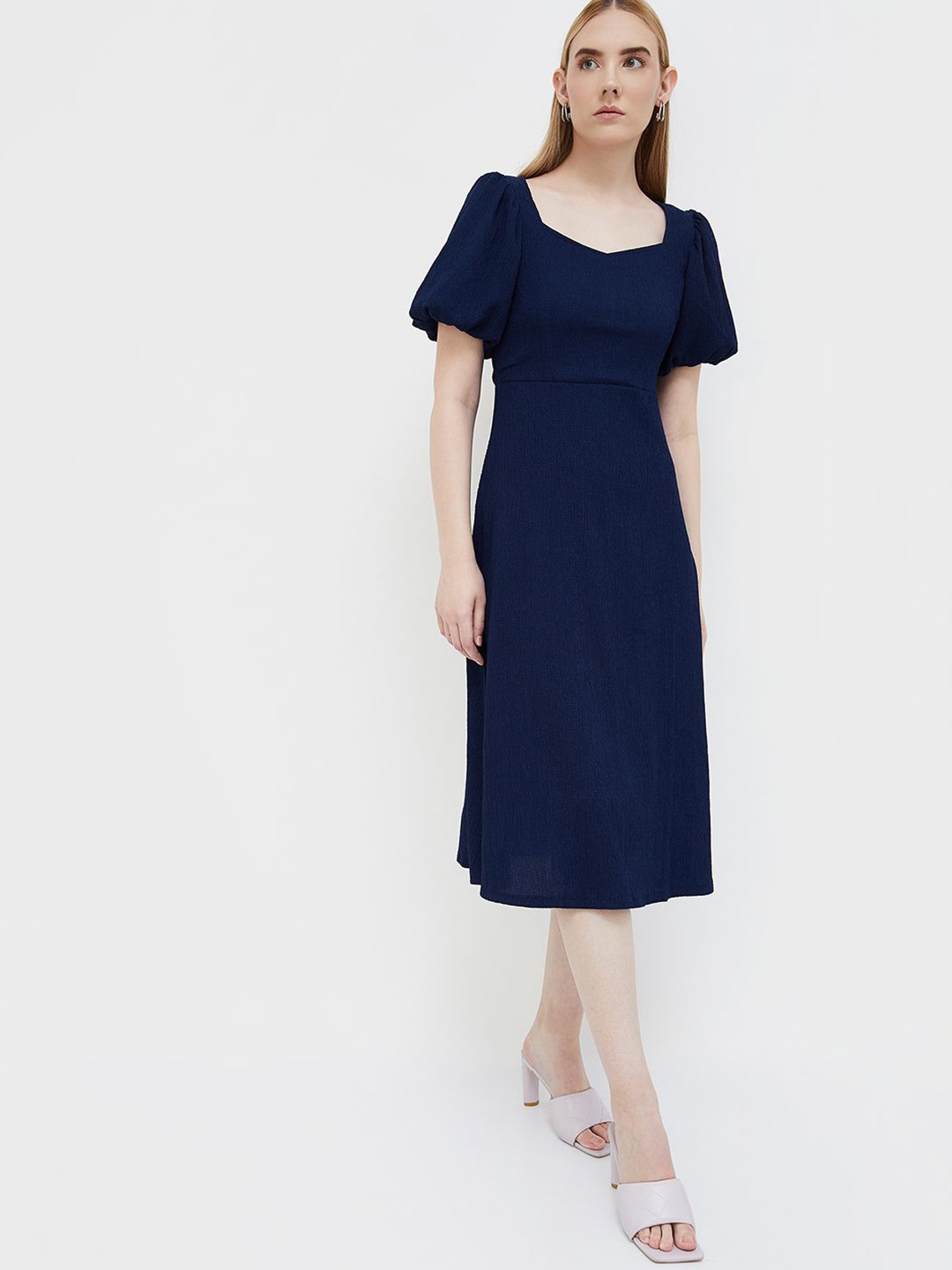 

CODE by Lifestyle Sweetheart Neck Puff Sleeve A-Line Midi Dress, Navy blue