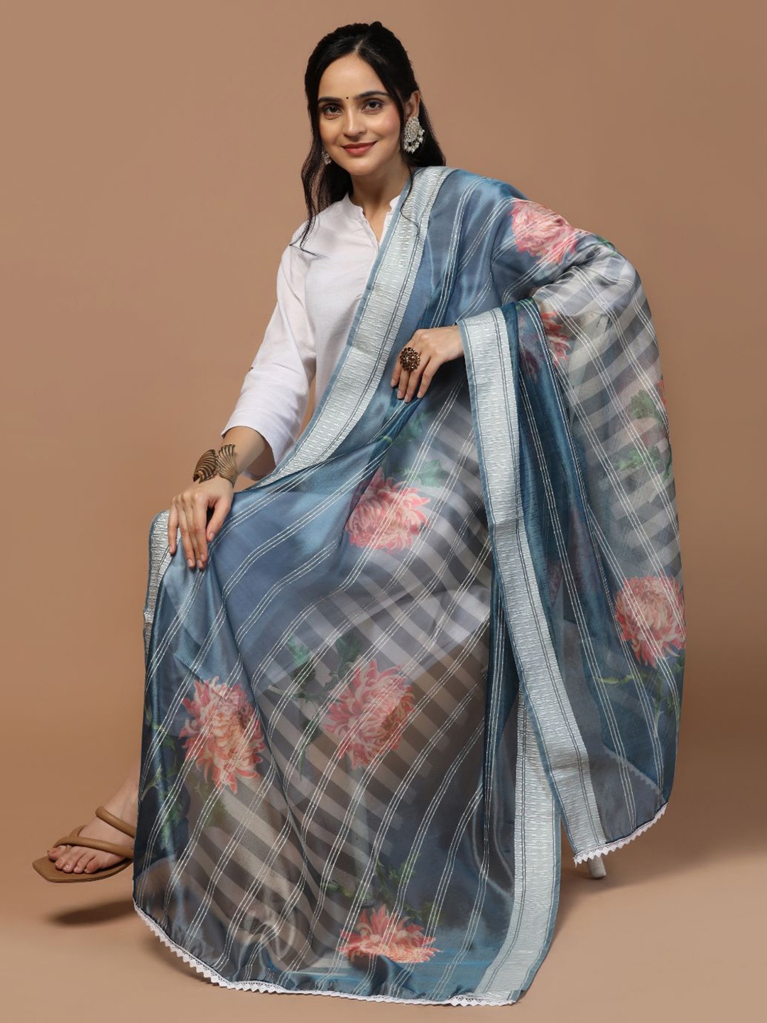 

Kaizen TEXO FAB Floral Printed Organza Silk Dupatta, Blue