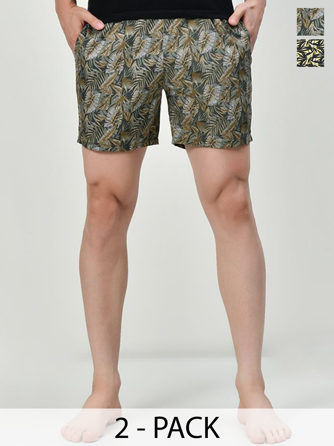 

BAESD Pack Of 2 Men Printed High-Rise Cotton Shorts, Green
