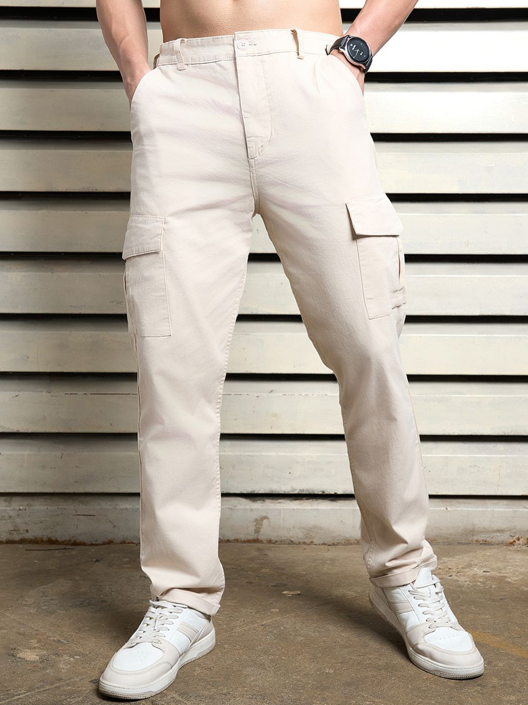 

High Star Men Straight Fit Mid-Rise Cargos Trousers, Beige