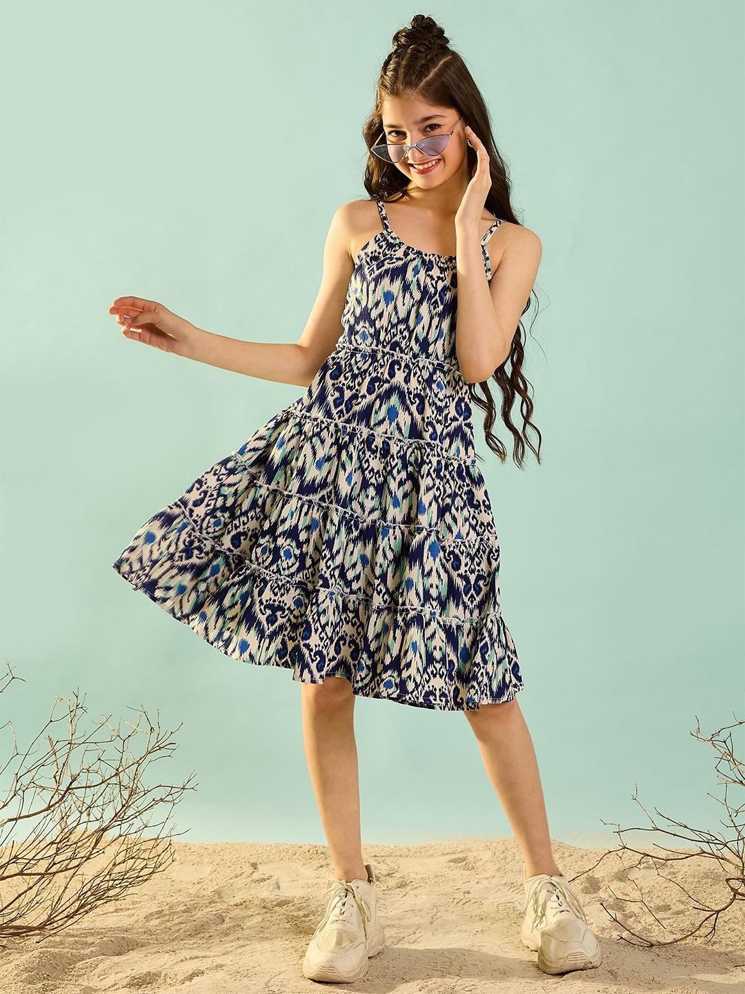 

Cherry & Jerry Shoulder Straps Printed Fit and Flare Dress, Blue