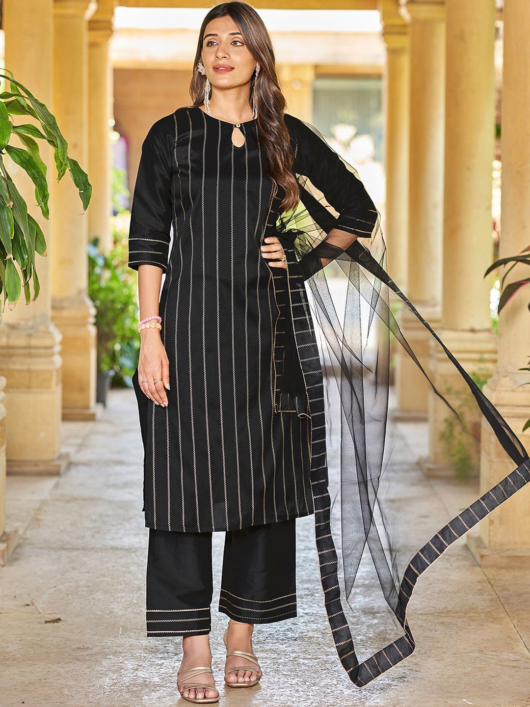 

KALINI Striped Keyhole Neck Straight Kurta with Palazzo & Dupatta, Black