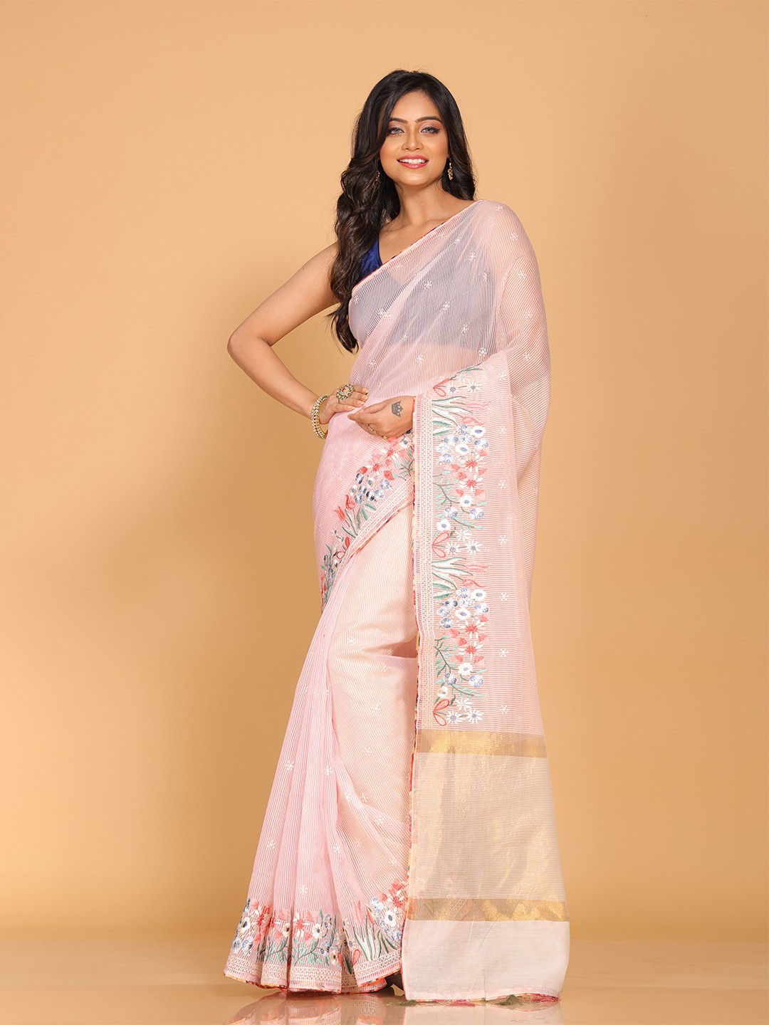 

Morchari Striped Embroidered Pure Cotton Saree, Pink