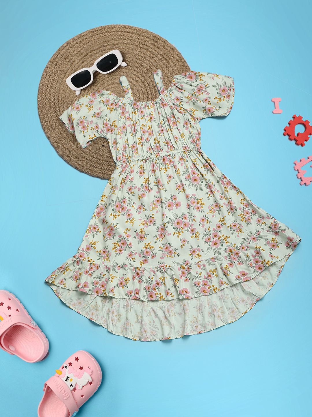 

V-Mart Girls Floral Printed Cold-Shoulder Sleeves Fit & Flare Dress, Green