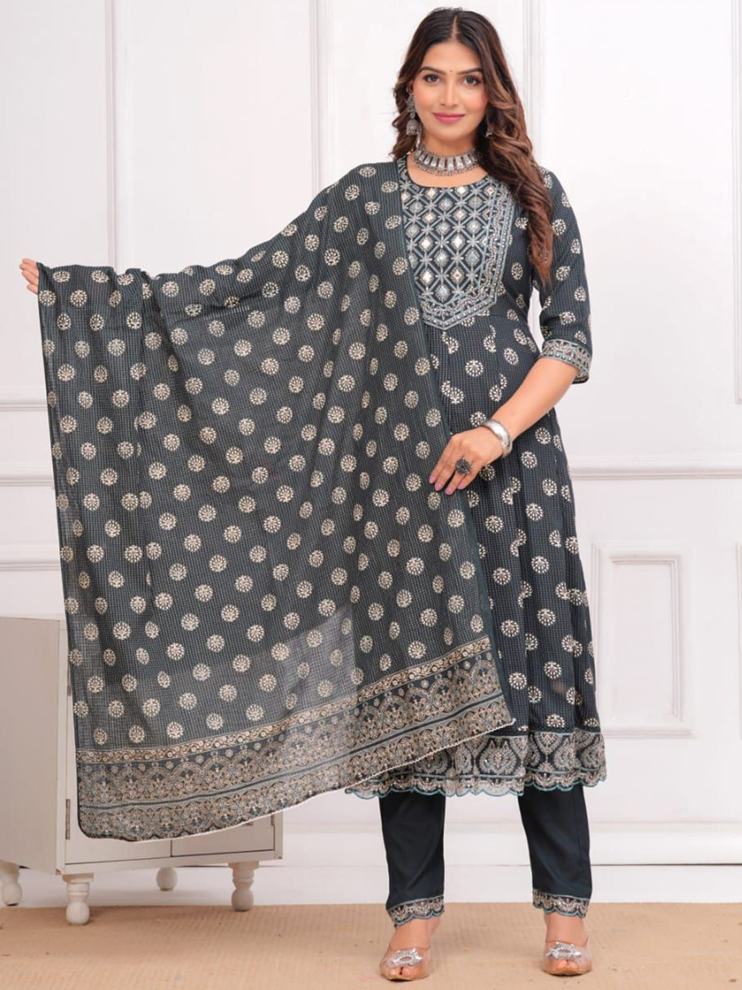 

PARUCREATION Floral Printed Mirror Work Anarkali Kurta With Trousers & Dupatta, Grey