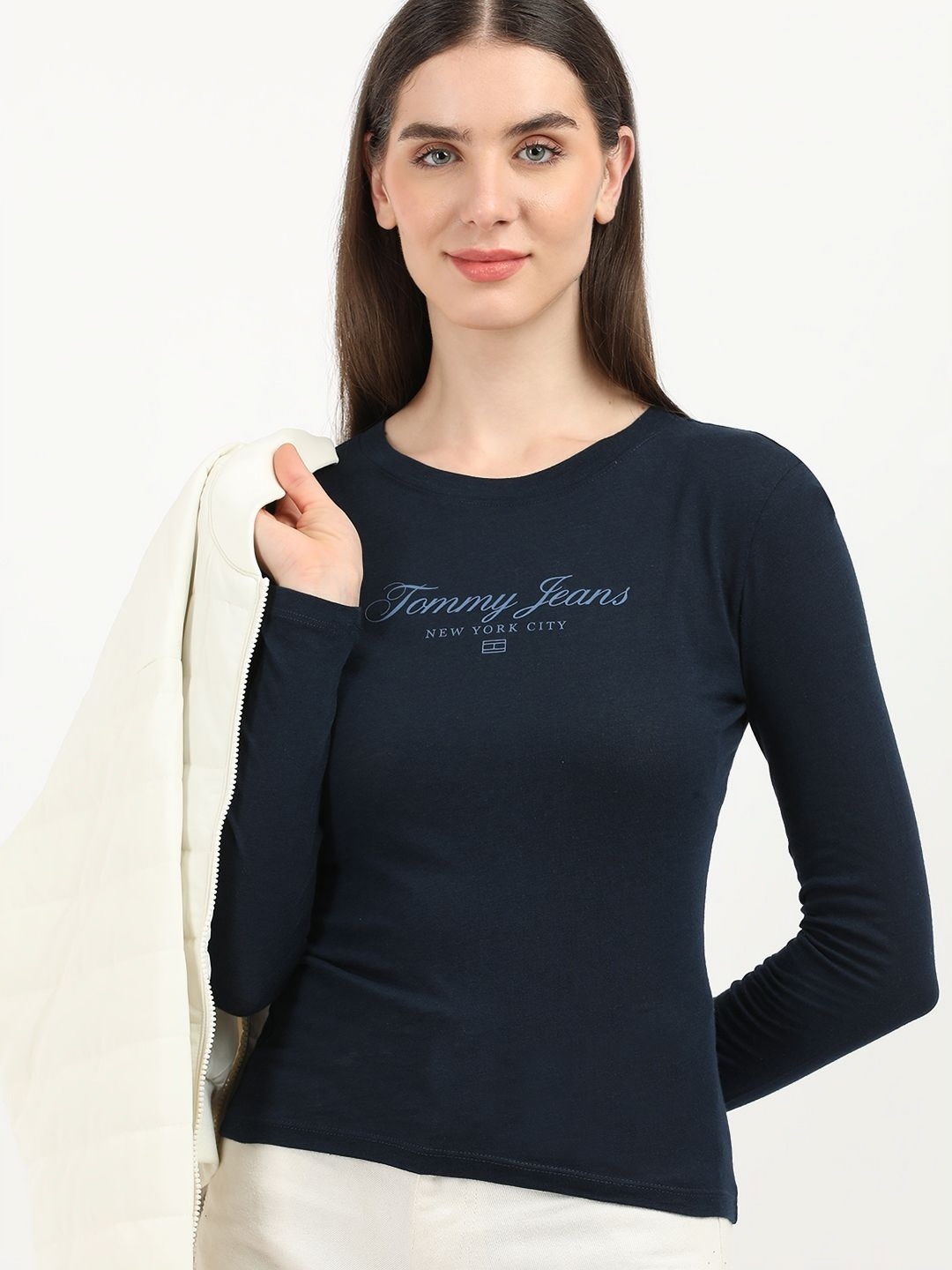 

Tommy Hilfiger Women Printed Round Neck Cotton Slim Fit T-shirt, Navy blue