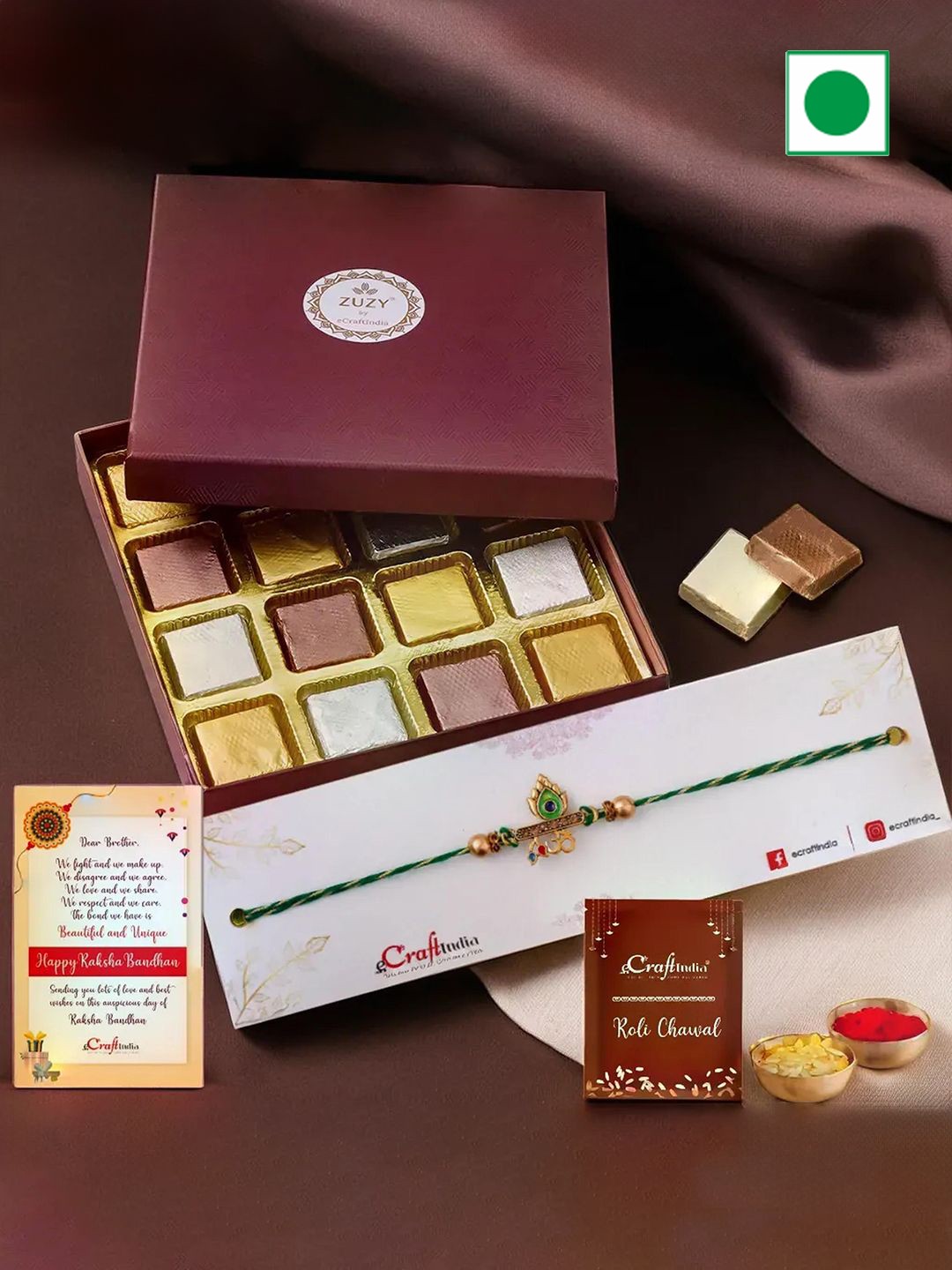 

eCraftIndia Set of 6 Rudraksha Rakhis With Zuzy Chocolate Gift Box 16 Pcs & Roli Chawal, Maroon