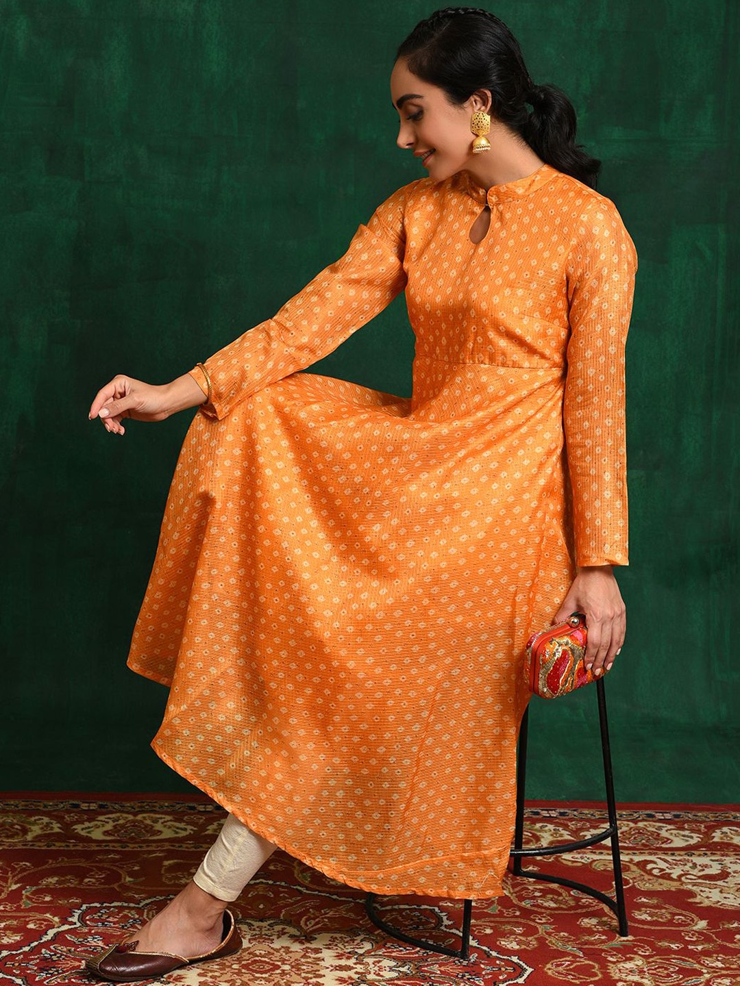 

Sangria Bandhani Printed Keyhole Neck Chanderi Silk Anarkali Kurta, Yellow