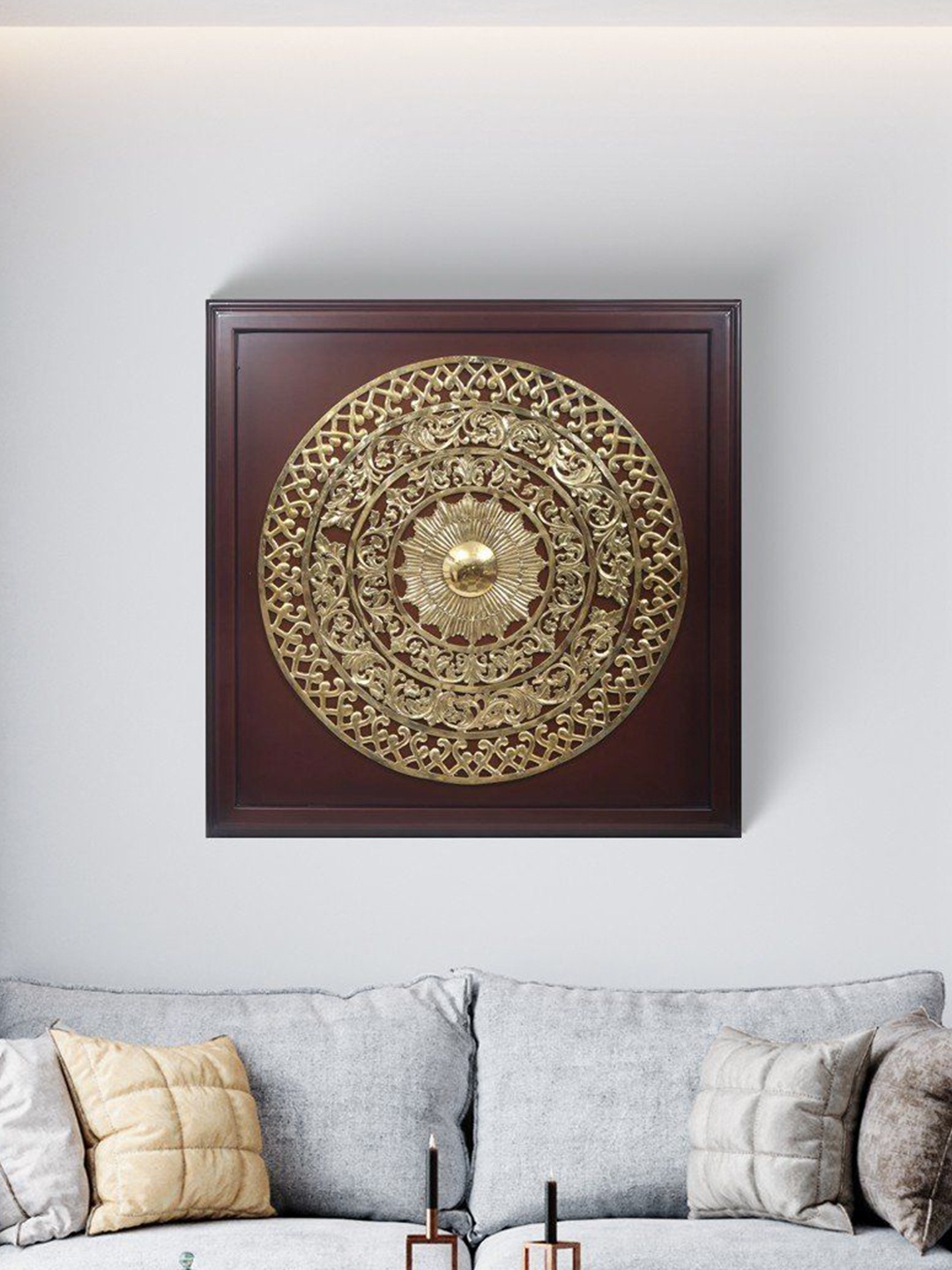 

Exotic India 48" Wall Hanging Large Wood Framed Mandala Art in Brass, Gold