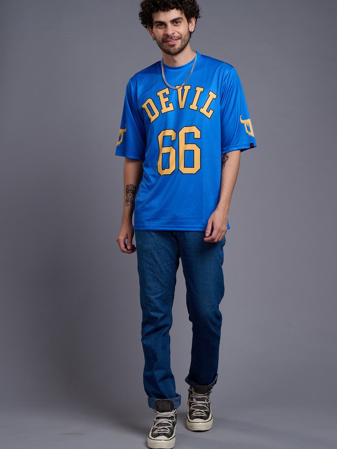 

GO DEVIL Men Varsity Printed Round Neck T-shirt, Blue