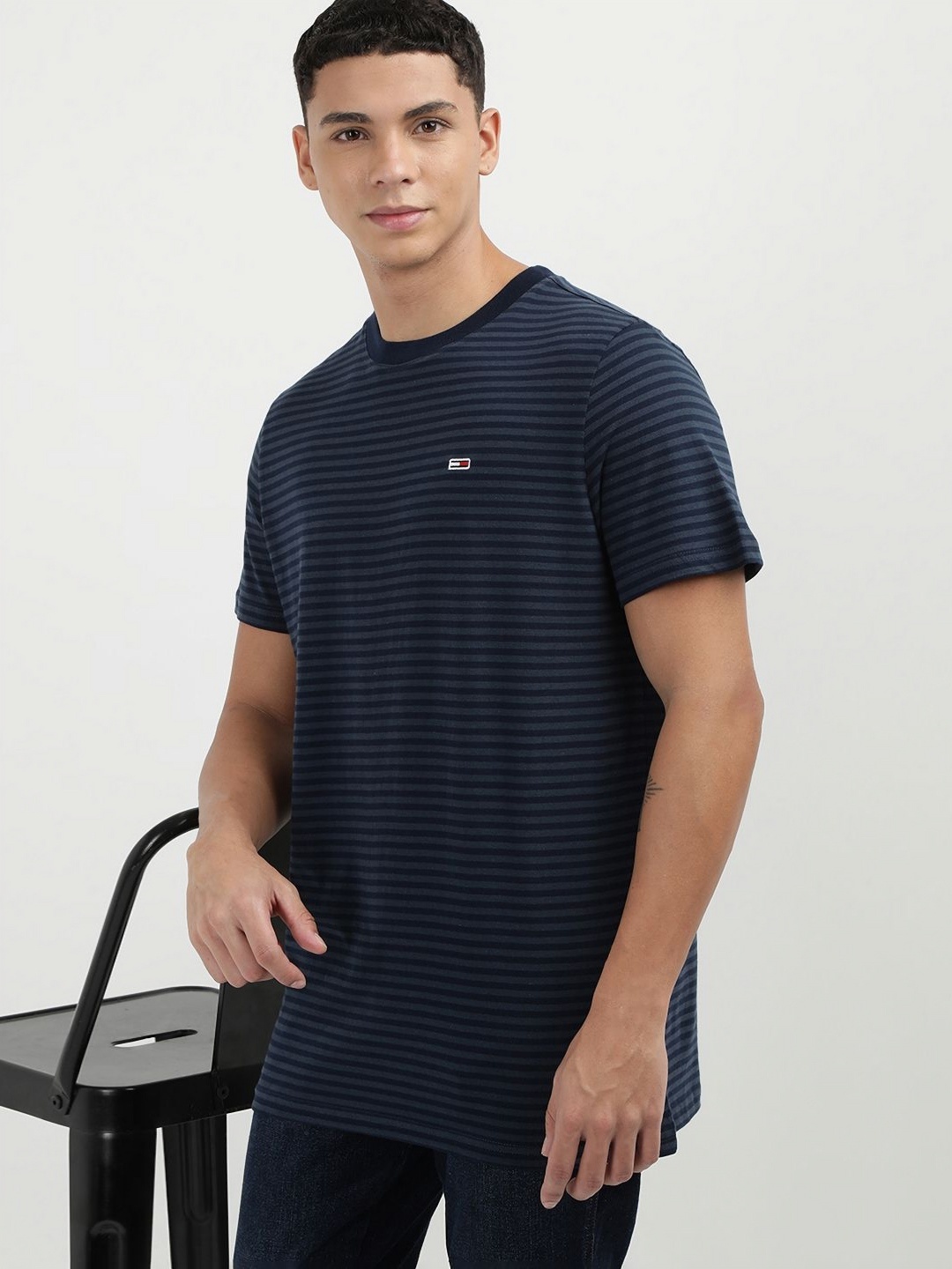 

Tommy Hilfiger Men Striped Round Neck Cotton Slim Fit T-shirt, Navy blue