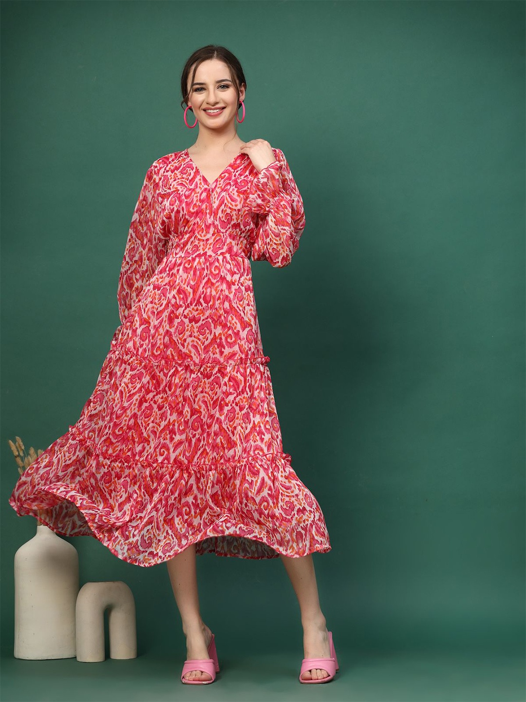 

plusS Floral Printed Fit and Flare Midi Dress, Pink