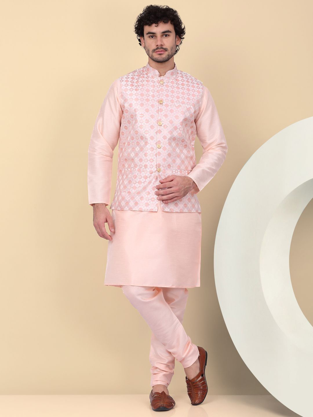 

KRAFT INDIA Sequinned Kurta with Churidar & Nehru Jacket, Peach