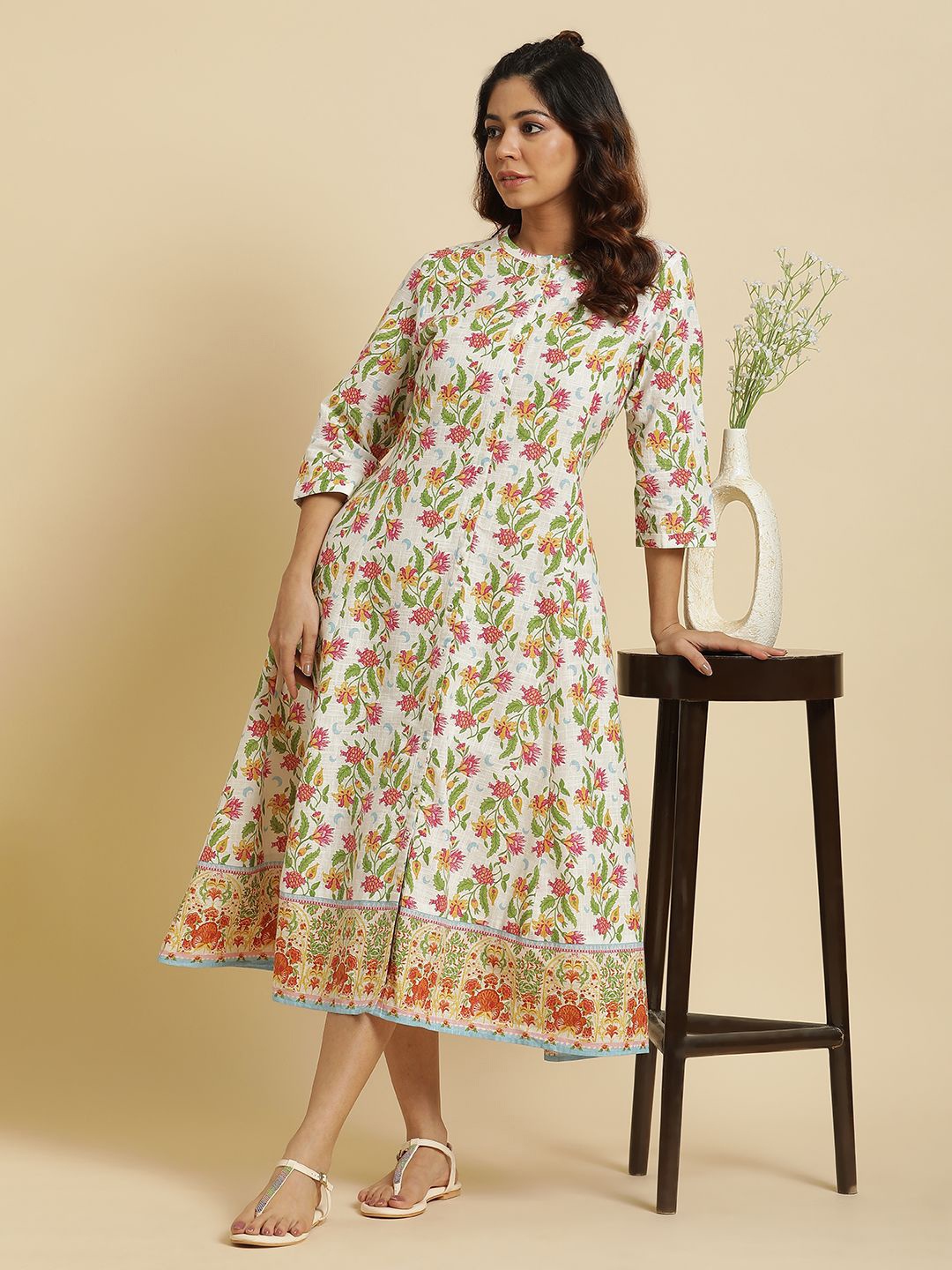 

W Floral Printed A-Line Midi Ethnic Dress, White