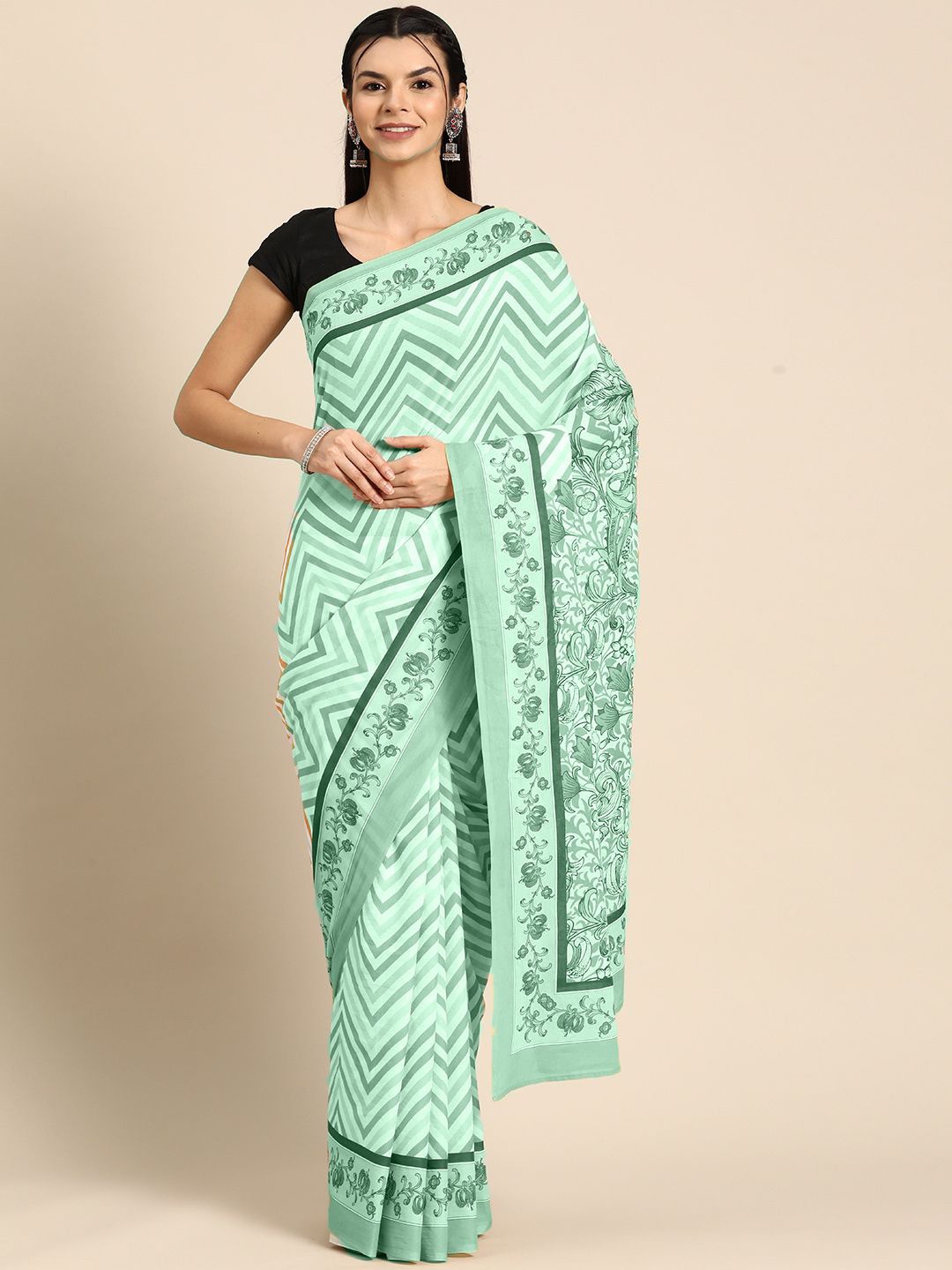 

BUTA BUTI Floral Pure Cotton Saree, Green