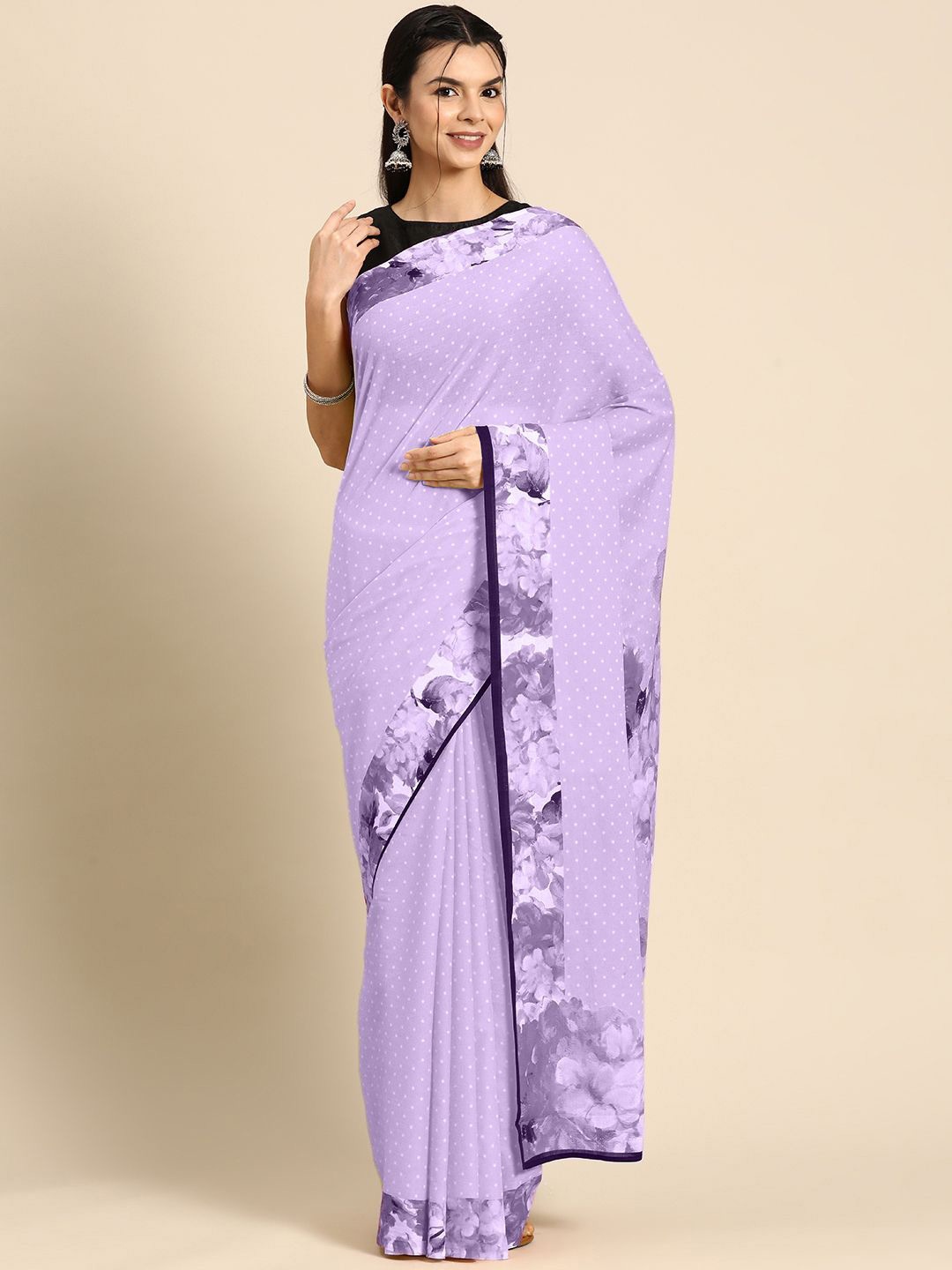 

BUTA BUTI Printed Polka Dot Pure Cotton Saree, Lavender