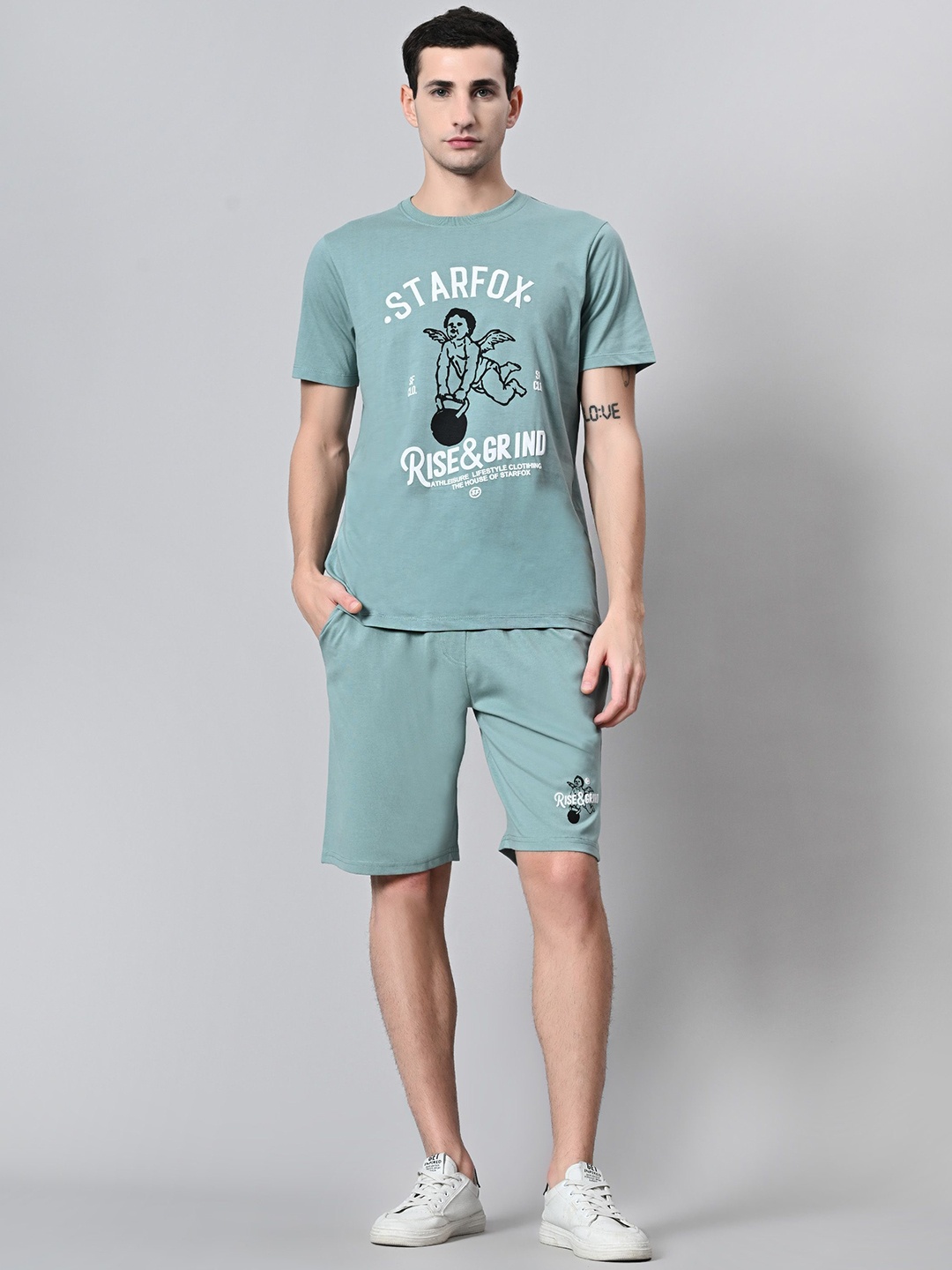 

STARFOX Graphic Printed Round Neck Pure Cotton T-shirt & Shorts, Green