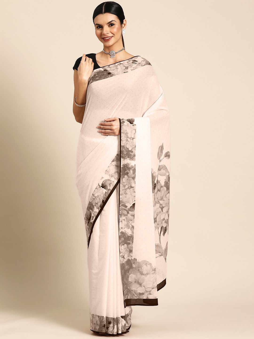 

BUTA BUTI Floral Pure Cotton Saree, Coffee brown