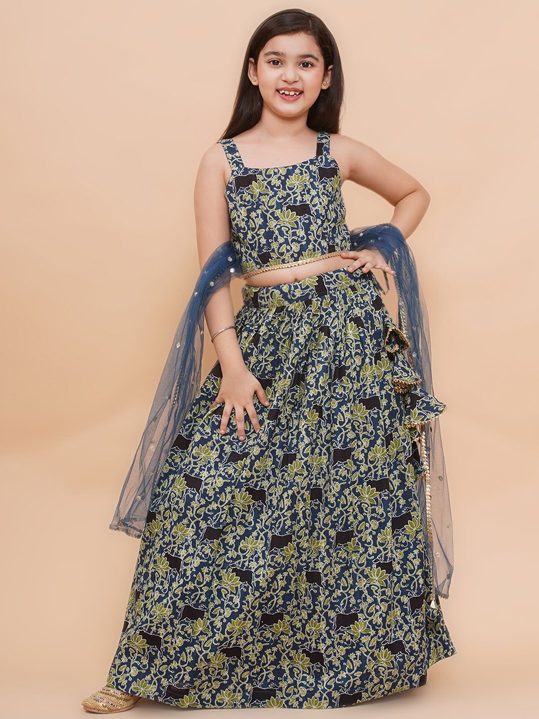 

PICCOLO Girls Printed Cotton Net Ready to Wear Lehenga & Blouse With Dupatta, Blue