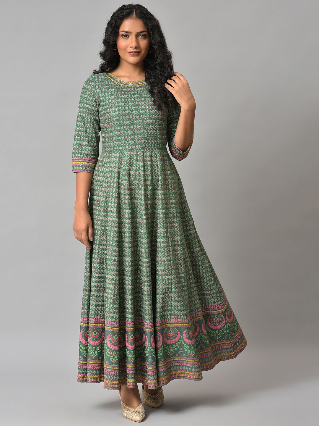 

W Women Checked Maxi Fit and Flare Ethnic Dresses, Green
