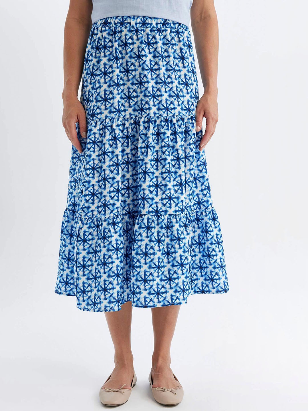 

DeFacto Printed Tiered A-Line Midi Skirts, Blue