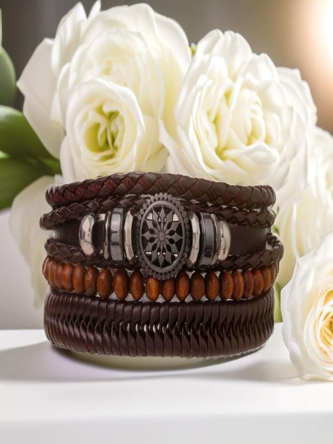 

UNIVERSITY TRENDZ Men Silver-Plated Leather Multistring Wraparound Bracelet, Brown