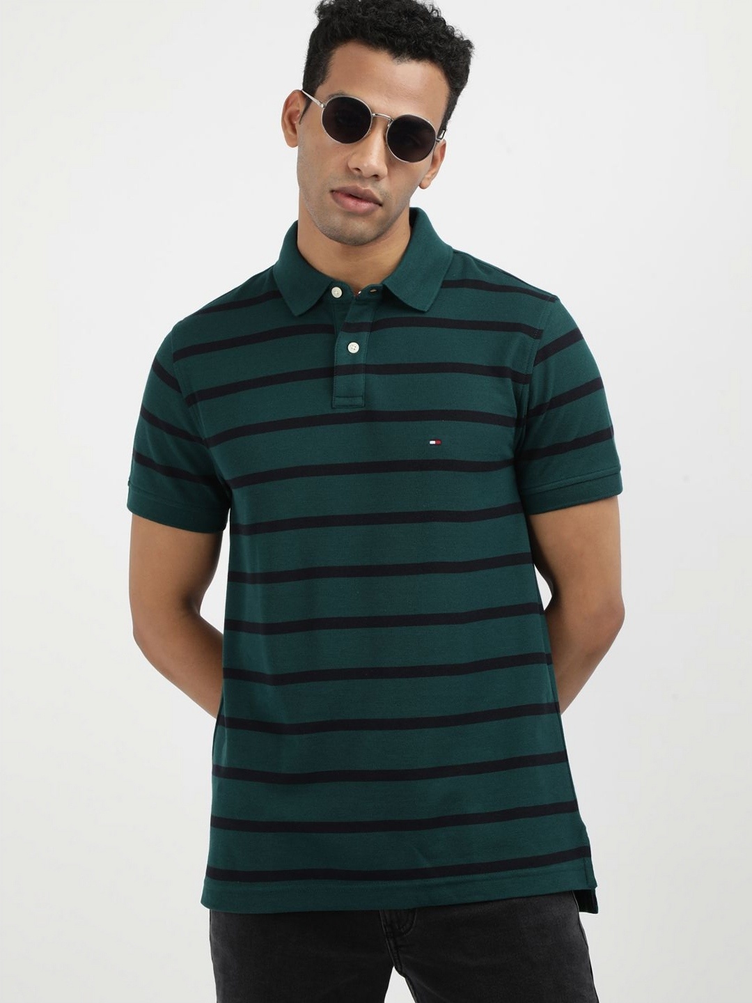 

Tommy Hilfiger Men Striped Polo Collar Cotton T-shirt, Green