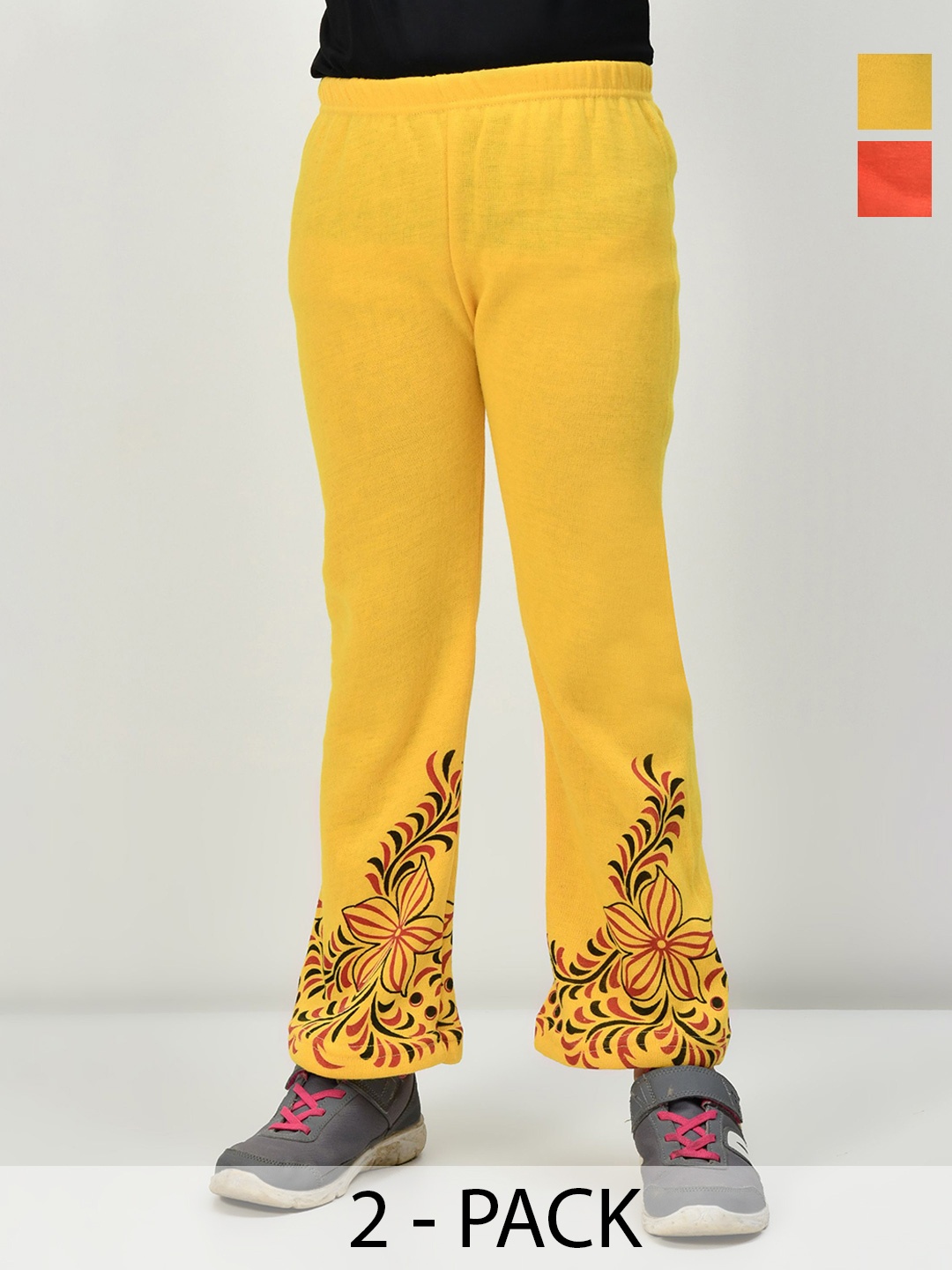 

BAESD Pack of 2 Girls Floral Printed Knitted Palazzos, Yellow