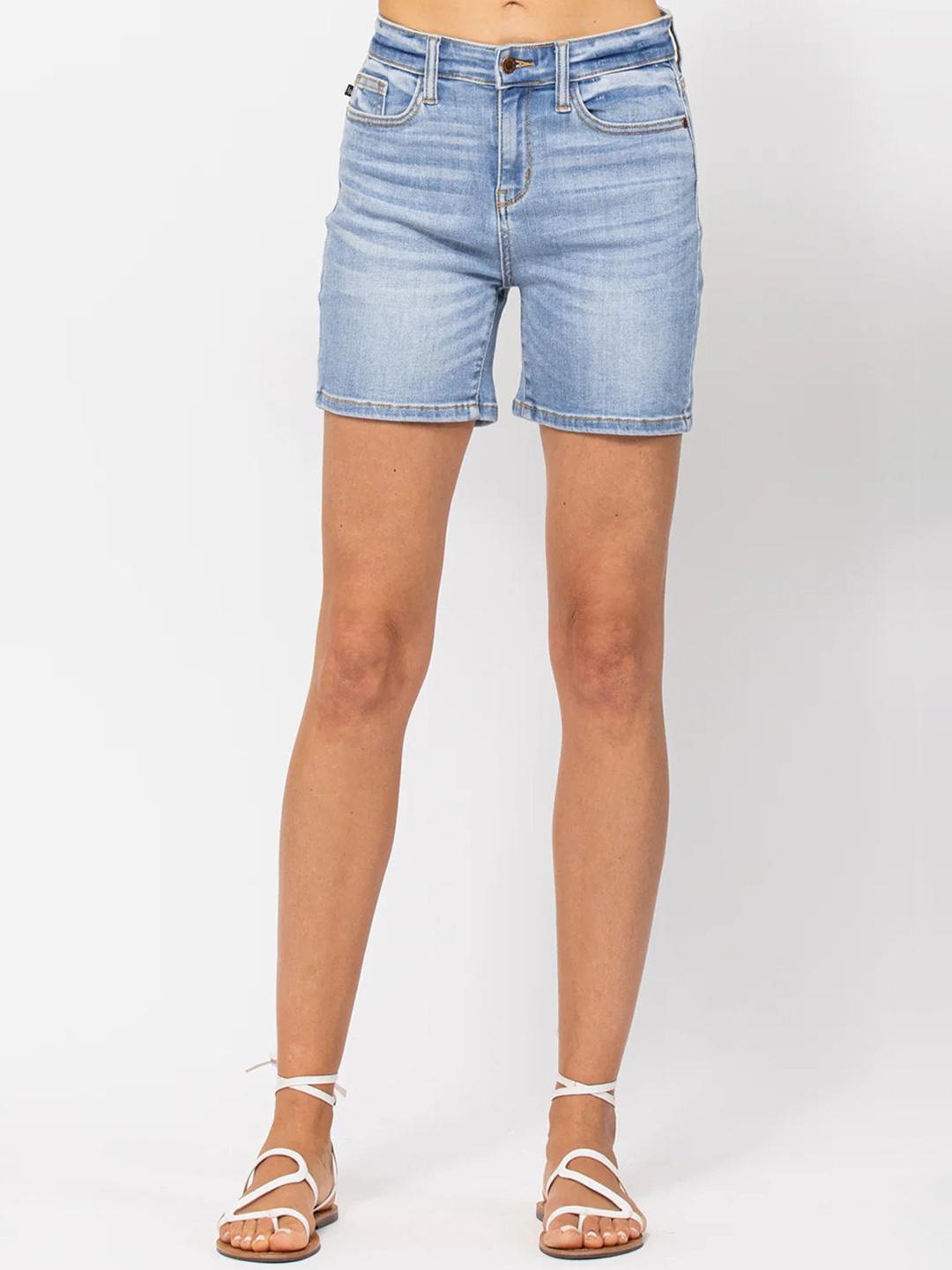 

LULU & SKY Women Washed Slim Fit Low-Rise Faded Denim Shorts, Blue