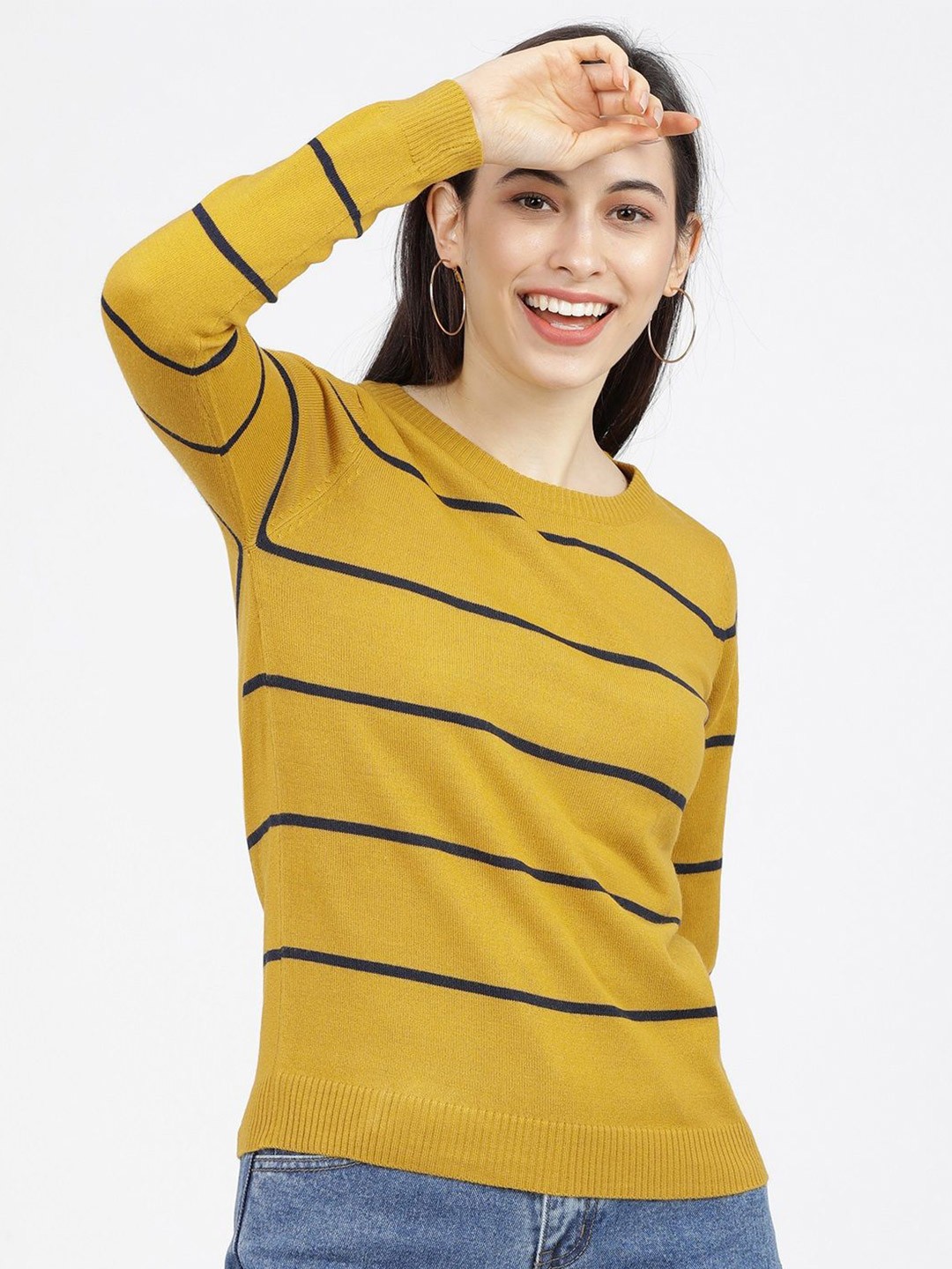 

Tokyo Talkies Women Striped Pullover, Mustard