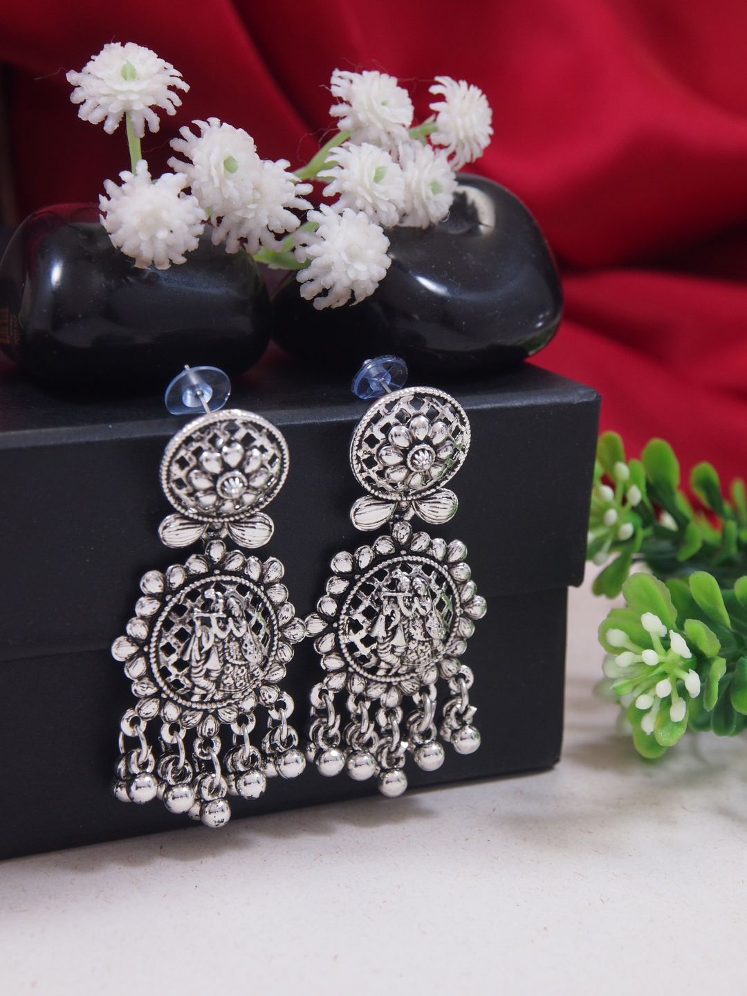 

I Jewels Silver-Plated Radhe Krishna Flute Oxidised Drop Earrings