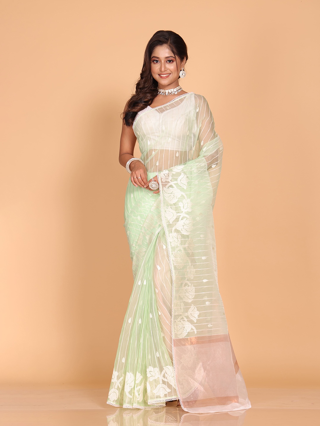 

Morchari Ethnic Motifs Embroidered Organza Green Saree