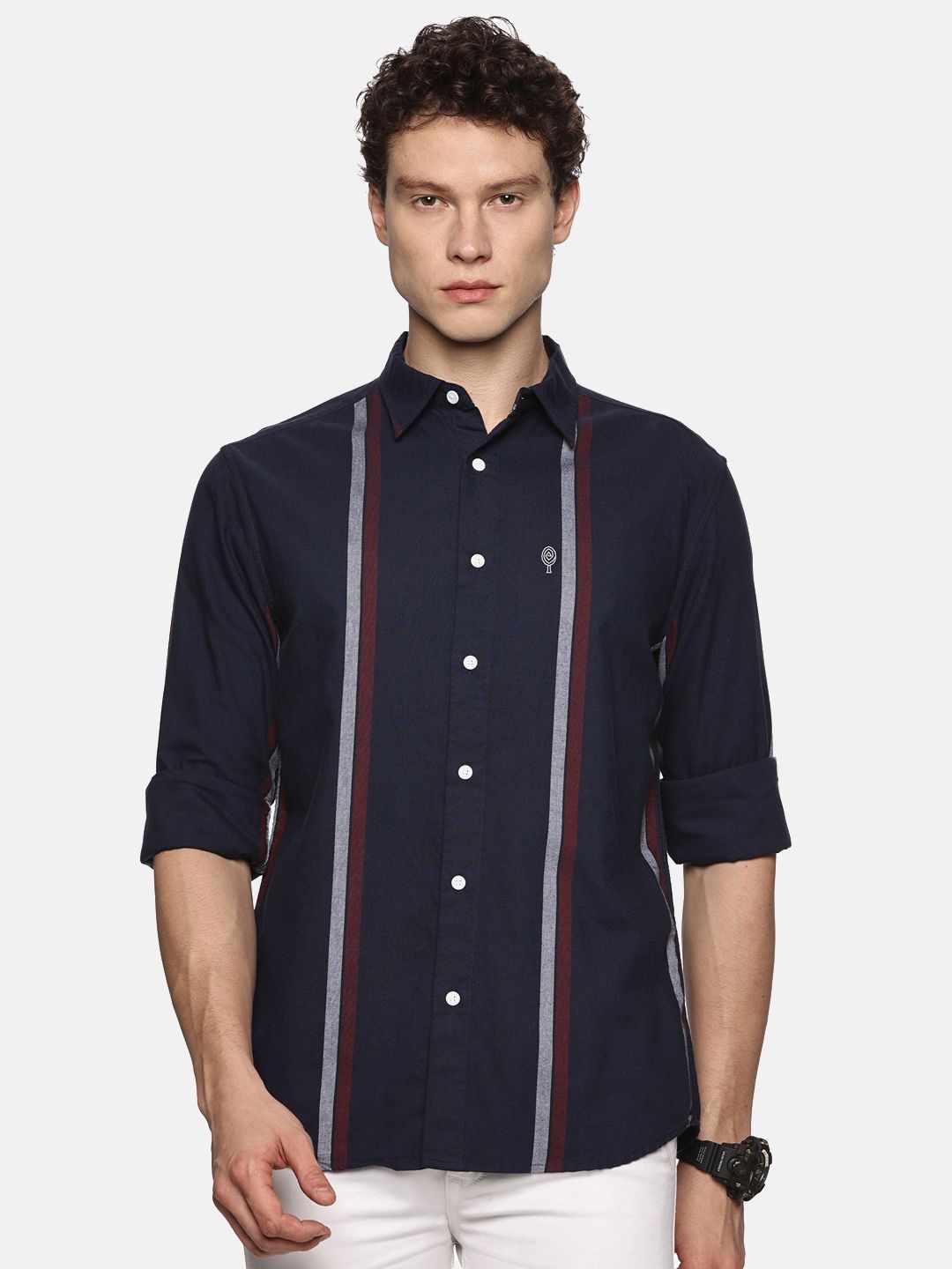 

Melvin Jones Men Comfort Tailored Fit Opaque Striped Casual Shirt, Navy blue
